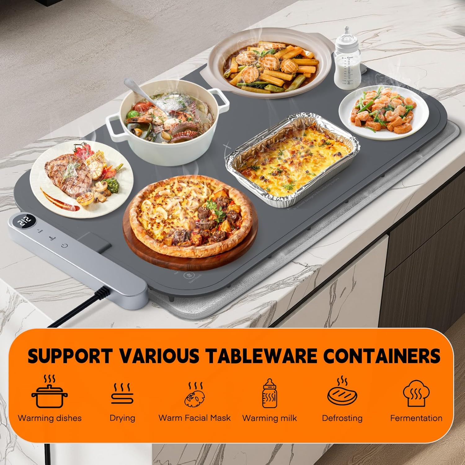 Homelove Warming Mat for Food - Electric Warming Tray with 6-Level Temperature and Hours Setting, Full Surface Graphene Heating, Waterproof Dishwasher-Friendly Food Warmer for Parties, Kitchen (Grey)