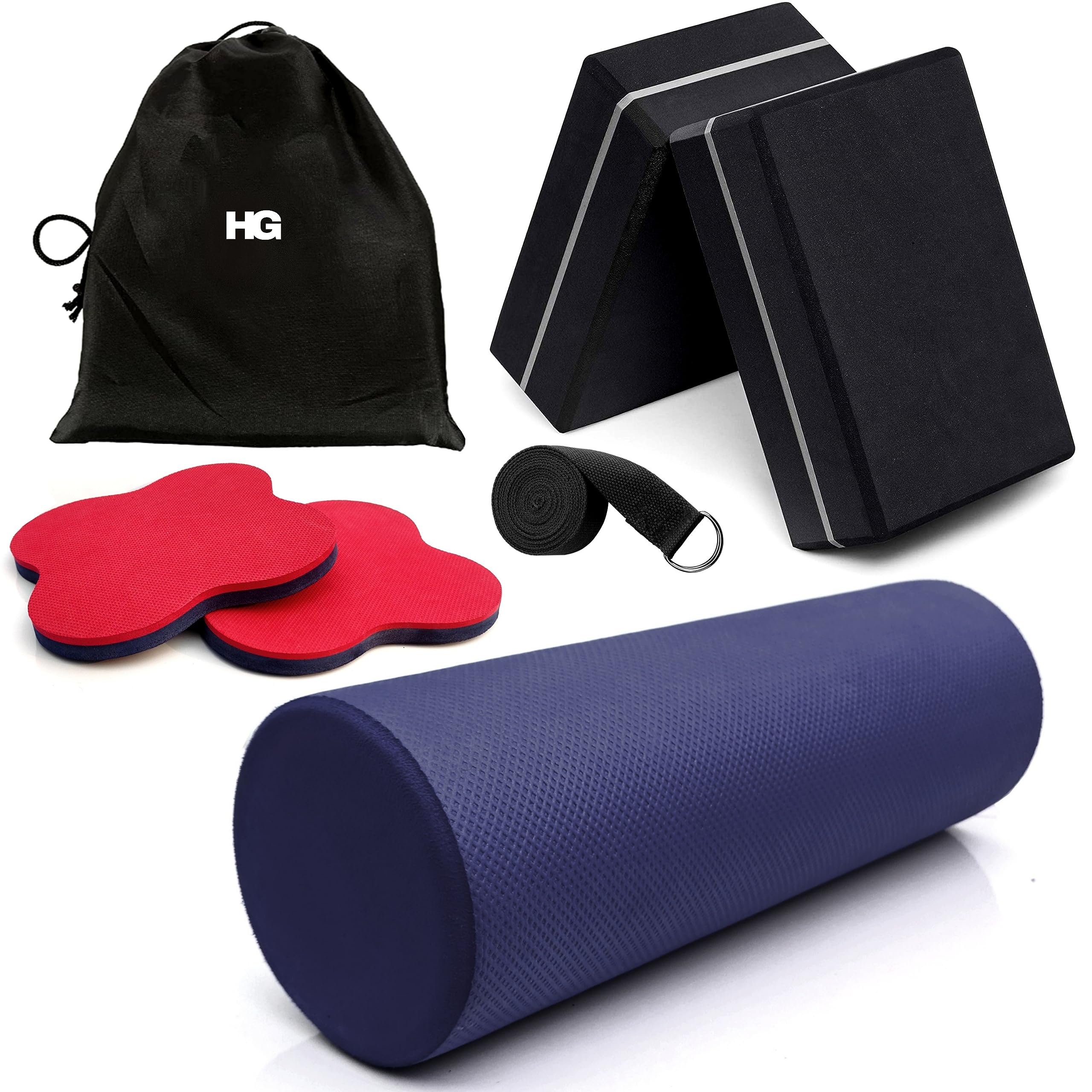 HOMEGALLEY Foam Roller with Yoga Blocks Pack of 2 with Belt and 2 Yoga Knee Pad Cushion for Exercise High Density Yoga Bricks Set, Workout Foam Roller for Massage and Pain Relief Exercise- 30 to 60 Cm