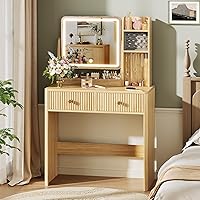 MEMOBARCO Fluted Makeup Vanity Desk with LED Mirror Lights, 2 Drawers & Jewelry Storage, 3 Modes Adjustable Brightness - Natural Oak Bedroom Table