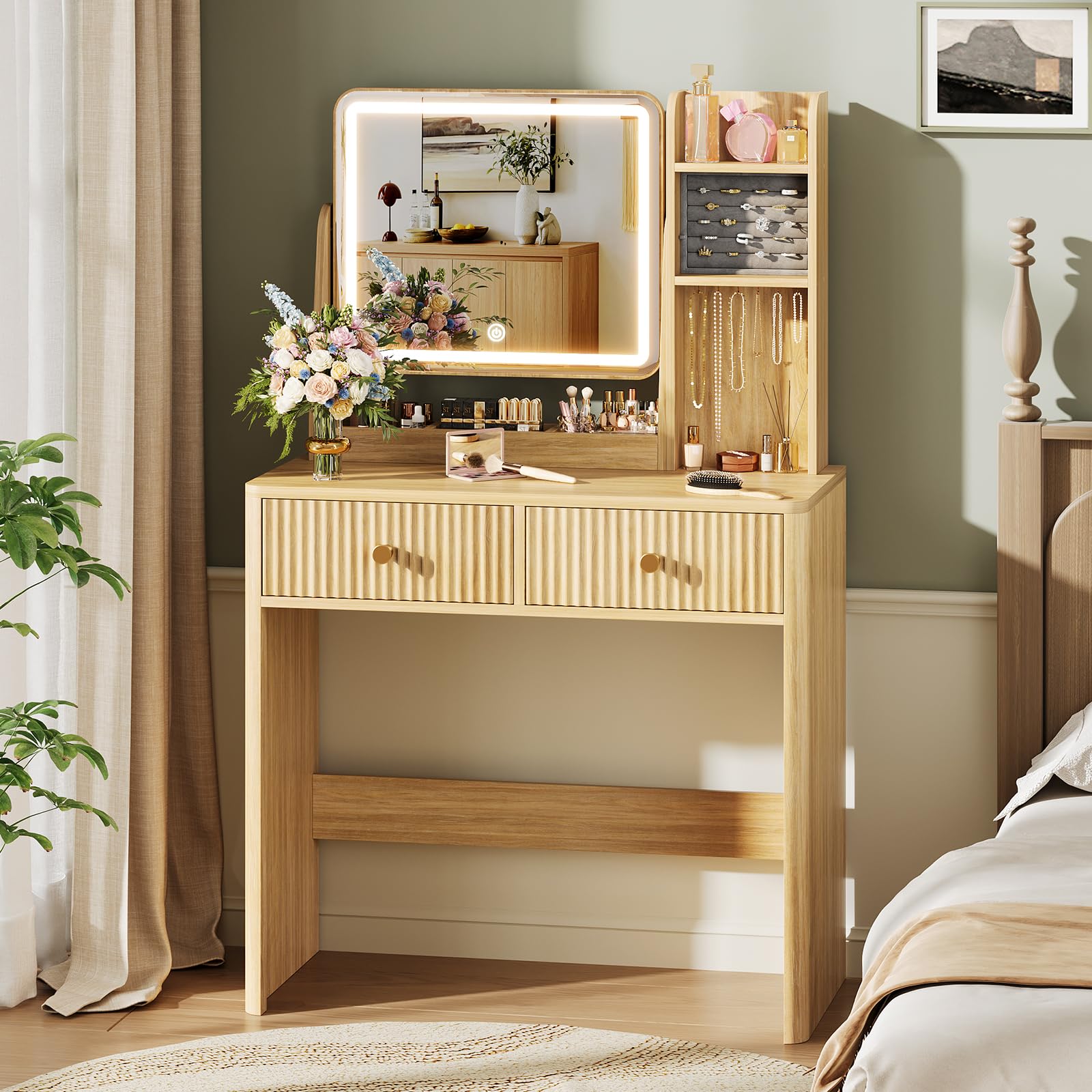 Memobarco Fluted Vanity Desk in Natural Oak