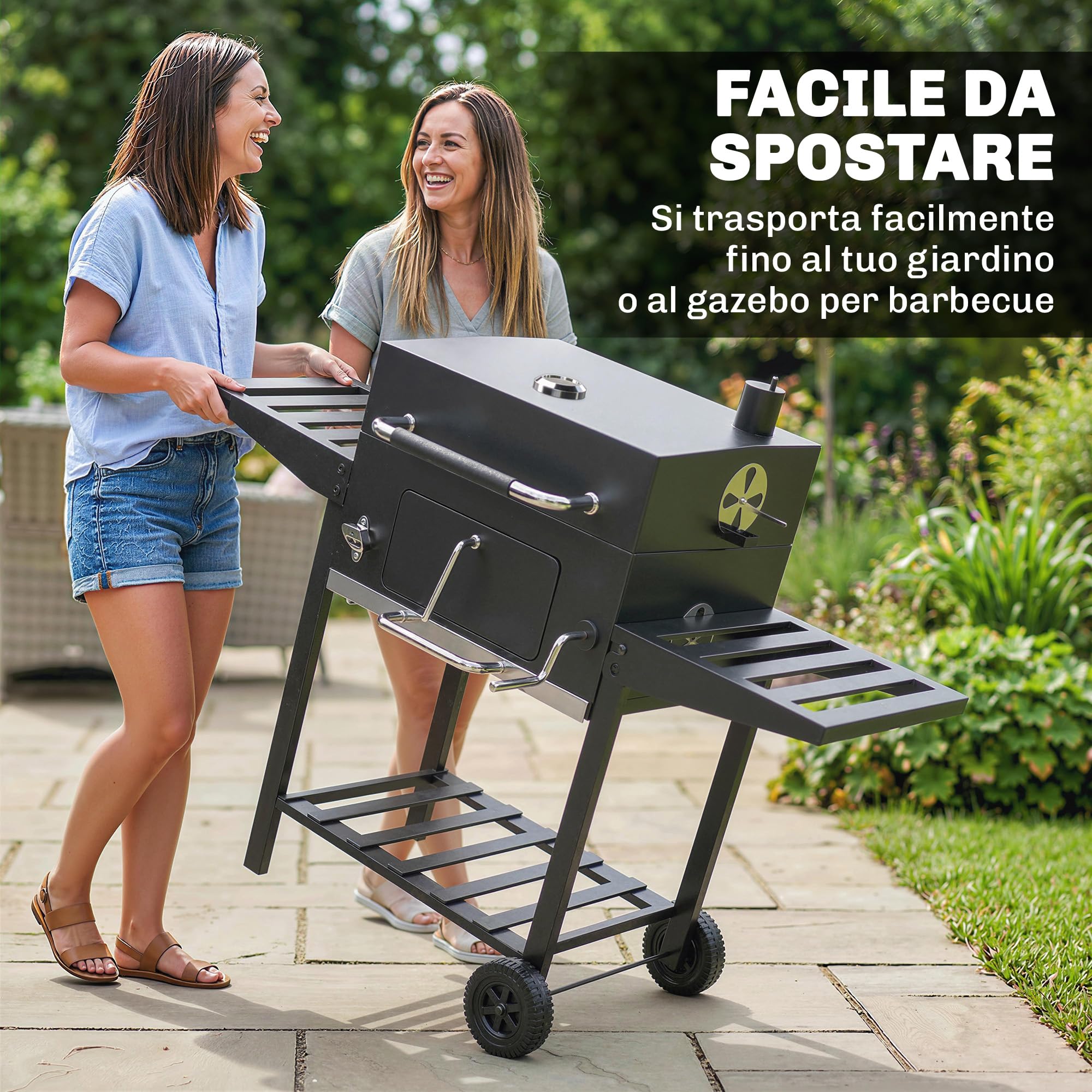 Outsunny Barbecue Carbonella con Griglia, Sfiati Vasca Carbone Regolabile, Carrello BBQ Barbecue Portatile con Coperchio, Ripiani Pieghevoli, Termometro, Cestino, Ganci, Ruote, per Campeggio, Nero