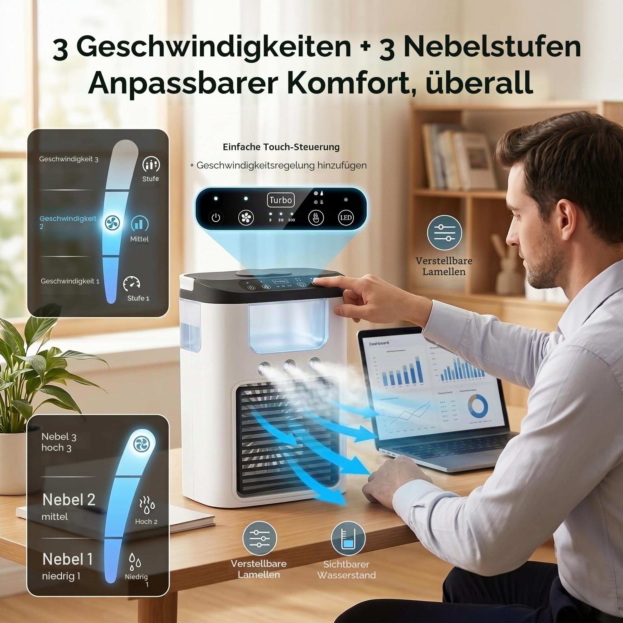 Tragbarer Luftkühler Ventilator, Mini Klimaanlage mit 3 Geschwindigkeiten & 3 Sprühmodi, 600ml Wassertank, RGB Licht, wiederaufladbares Mini-Klimagerät Desktop Ventilator