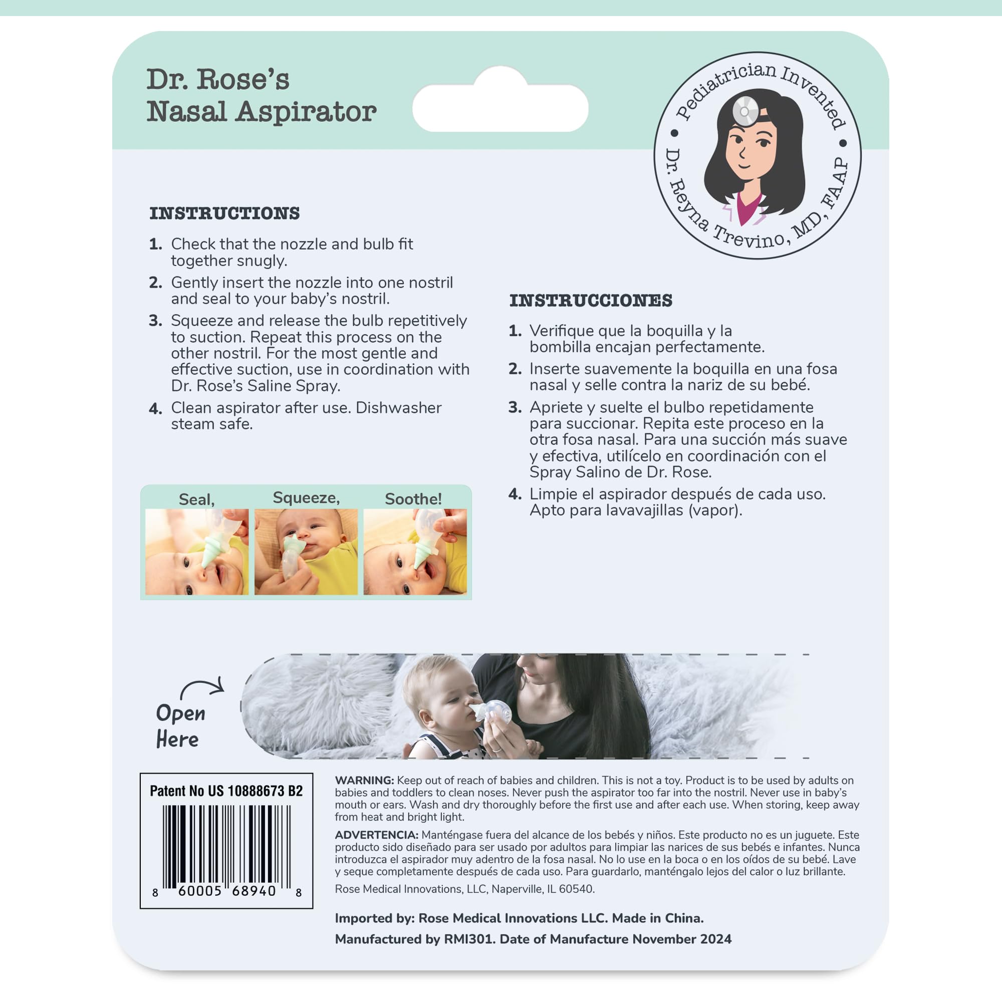 Dr. Rose's - Aspirador nasal para bebé, succión de mocos de doble succión patentada por pediatra para bebé, recogedor de mocos de bebé diseñado por pediatras, ventosa de fácil limpieza para bebé,