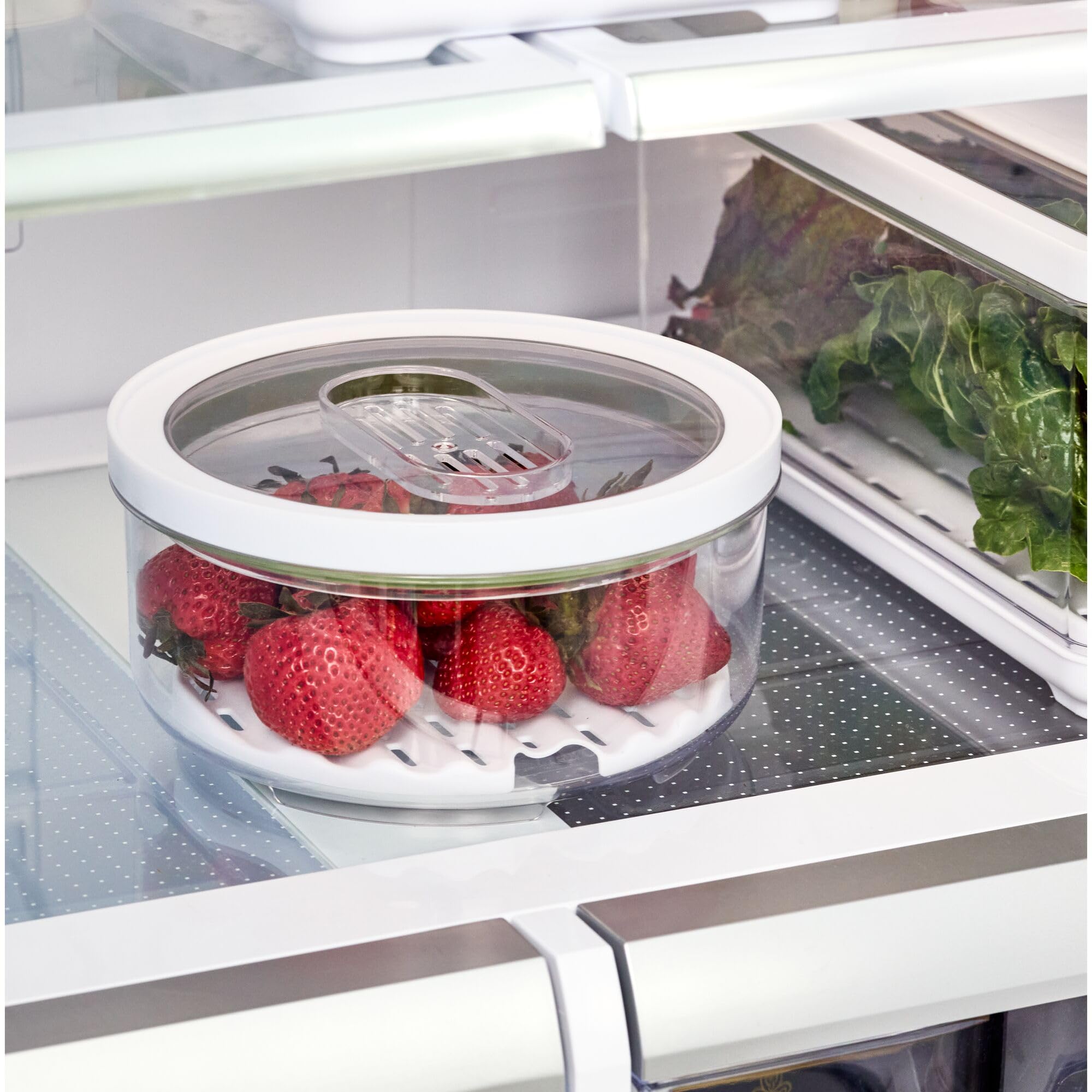 InterDesign iDesign - Pattumiera rotonda piccola per frigo, con vassoio di drenaggio rimovibile e coperchio, set da 2, trasparente