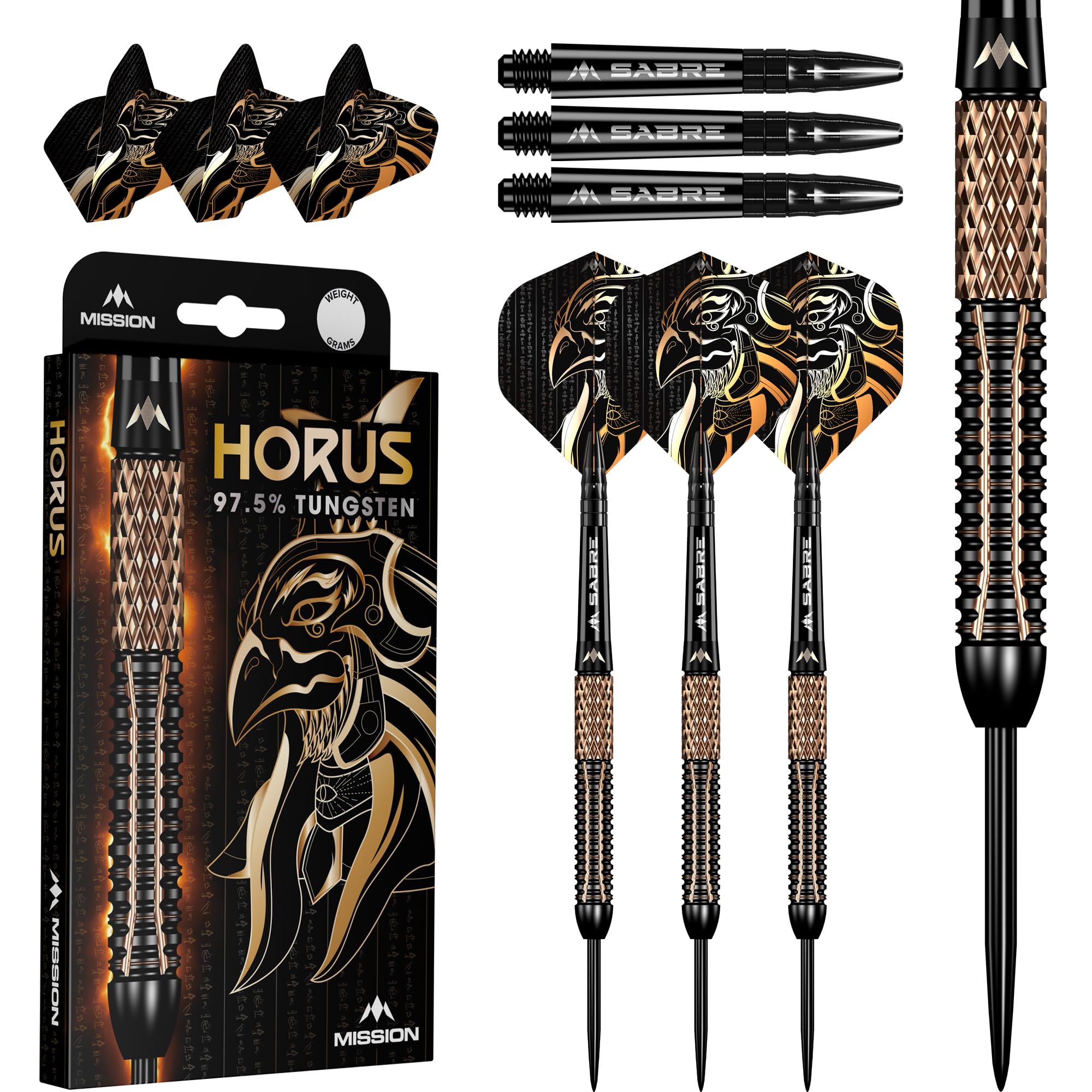 Mission Darts | Horus Darts | Black & Bronze | Electro | 97.5% Tungsten | Steel Tip Darts Set | Available in Multiple Weights. (25, Grams)