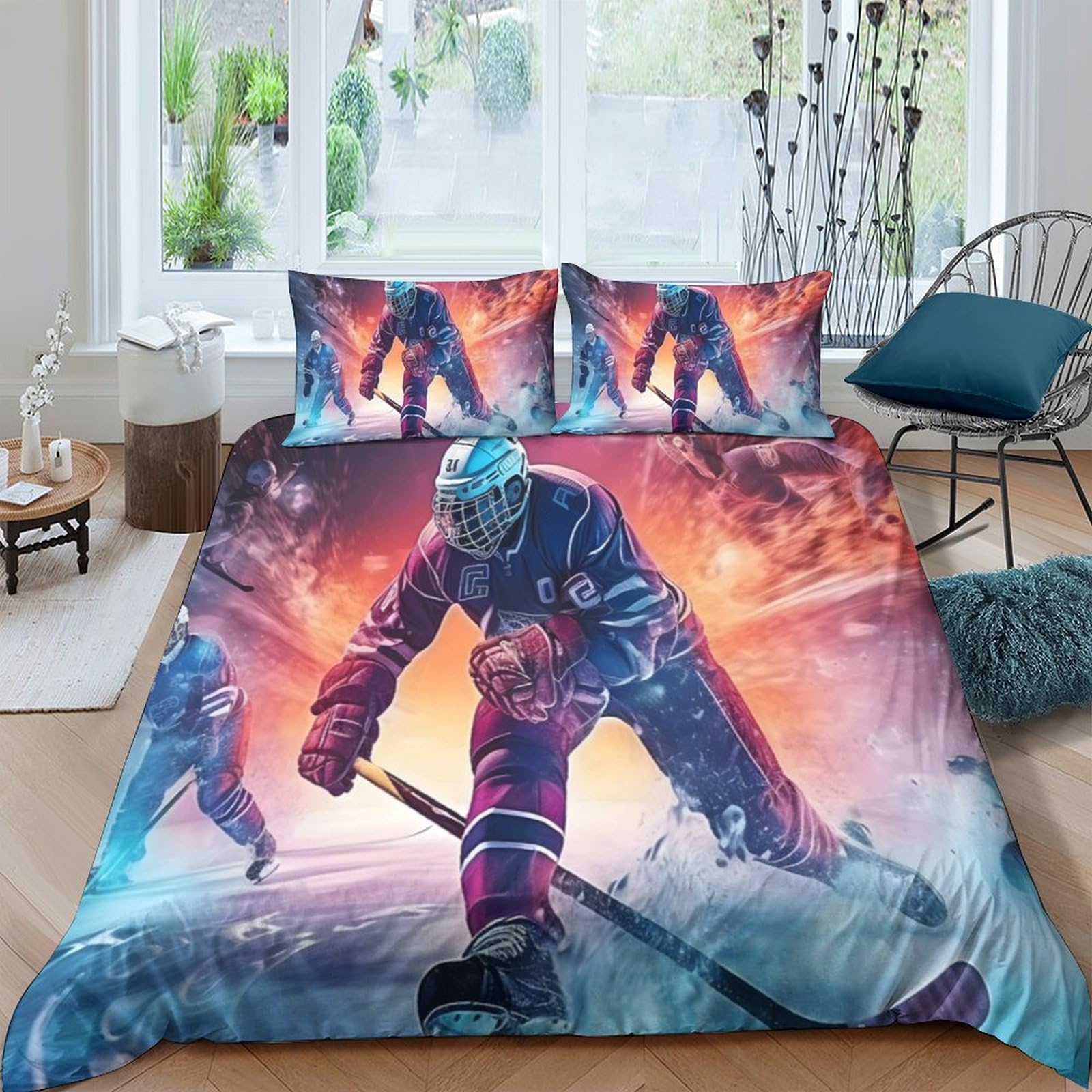 Ctjqhvkz Style-10 3D Printed Ice Hockey Fitted Sheet Microfiber Soft Breathable Fire Arena Bed Cover For Bedroom Guest Room Decor Single（135X200cm）