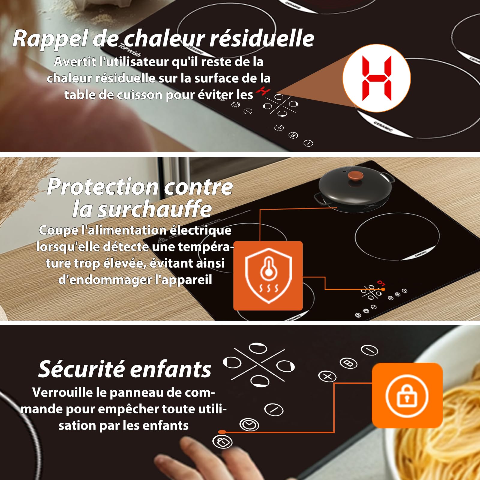 Topwish Plaque Induction 4 Feux, plaque de cuisson à Induction, Plaque de Cuisson Induction 60cm,con 9 Niveaux, Boost, voyant de surface chaude, protection d'extinction, verrou de sécurité, 7200W
