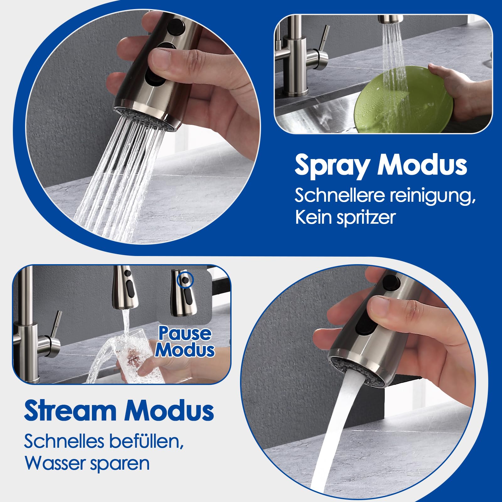 ROVOGO 3 Wege Wasserhahn Küche mit Filter, Hochdruck Küchenarmatur mit Brause Ausziehbar, Doppelhebel Spültischarmatur für Heiß-, Kalt- und Trinkwasser, Mischbatterie Gebürstet Edelstahl, C-Auslauf