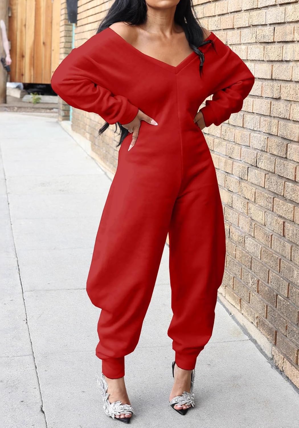 NRTHYE Women's Casual One Piece Jumpsuits Sexy V Neck Off Shoulder Long Sleeve Wide Leg Club Sweatsuit Outfits Rompers - Image 4