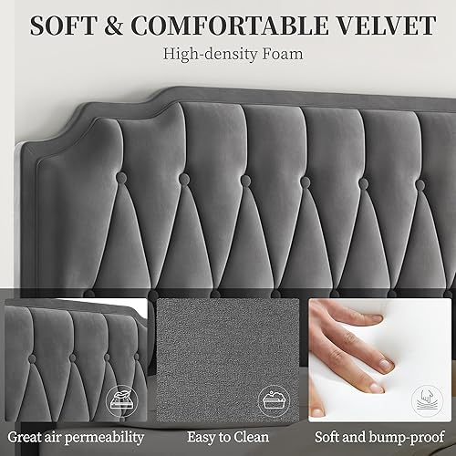 Miniatura 5 de Yaheetech Base de cama tamaño matrimonial, cama tapizada de terciopelo con cabecera curva, cabecera ajustable en altura, sin ruido, soporte de