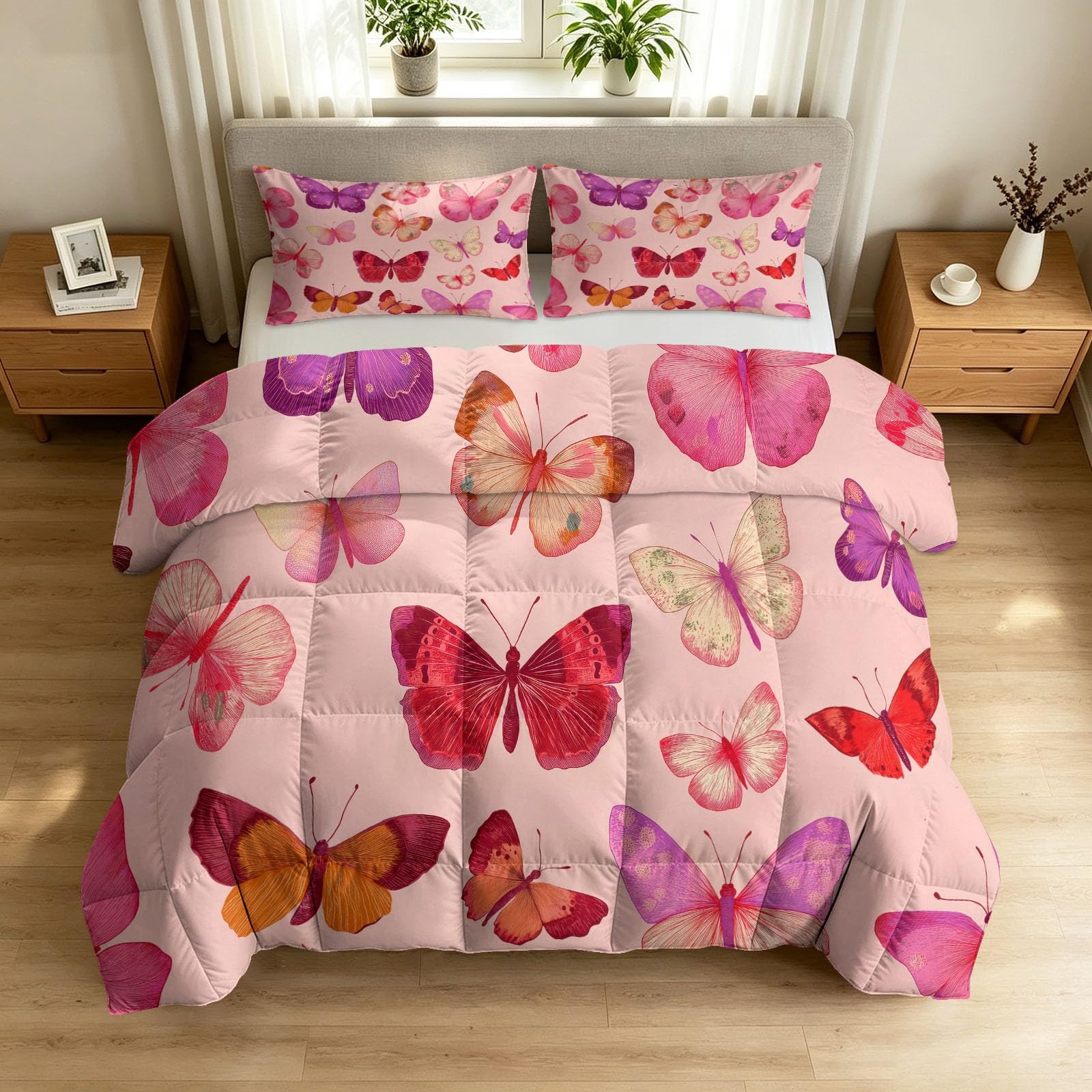 Letnia kołdra Romantic Watercolour 3 szt. Zestaw pościeli do łóżka 2-osobowego - 100% lekka i cienka prana bawełna - Zwierzęta motyle Skrzydła Kołdra 4 pory roku i 220 x 240 cm 2 poszewki na poduszki
