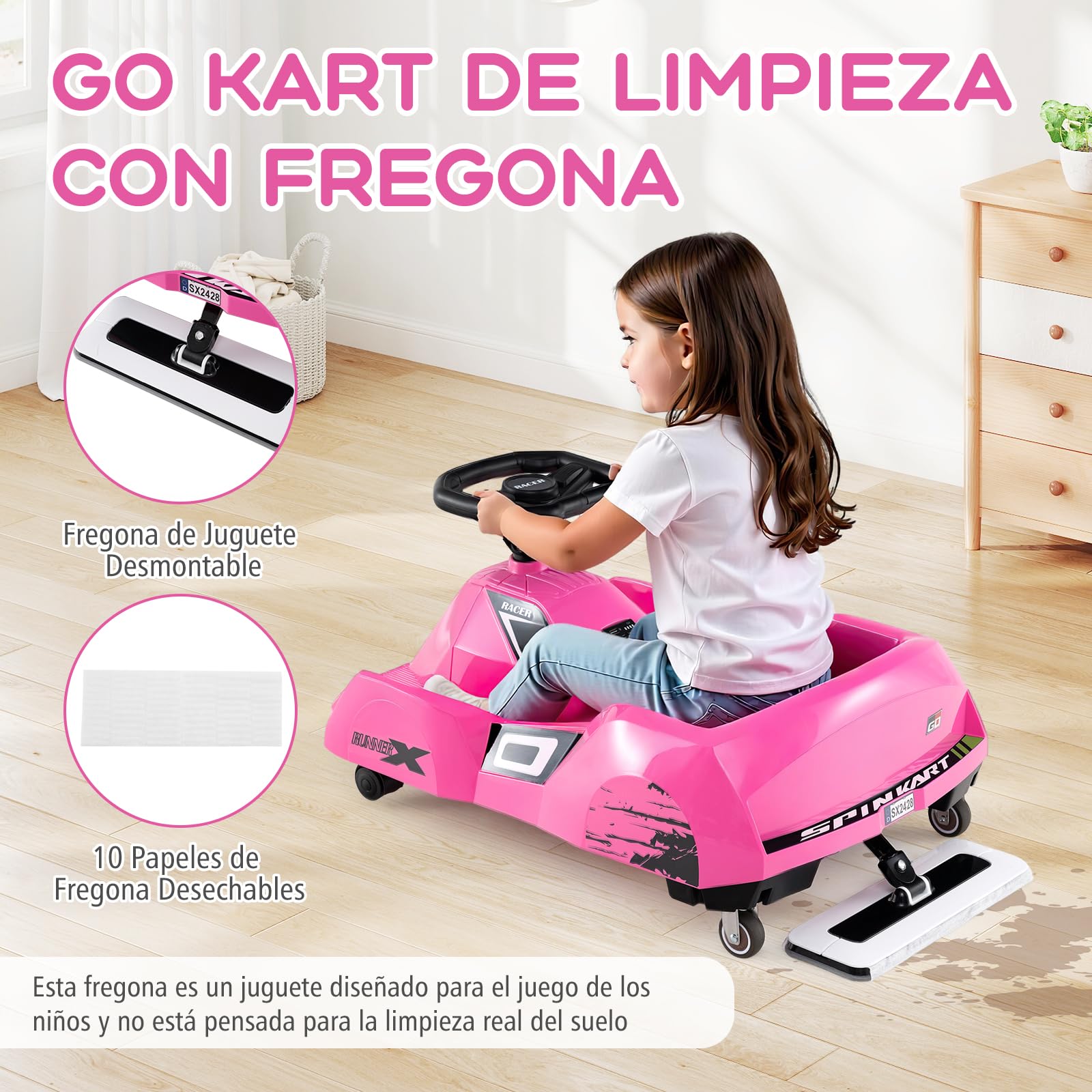 GOPLUS Go Kart Coche Eléctrico 12V Infantil, Kart Eléctrico con Pedal, Fregona Desmontable, Control Remoto, Conexión Inalámbrica, Música, 3 Velocidades, Coche de Juguete para Niños de 2-5 Años (Rosa)