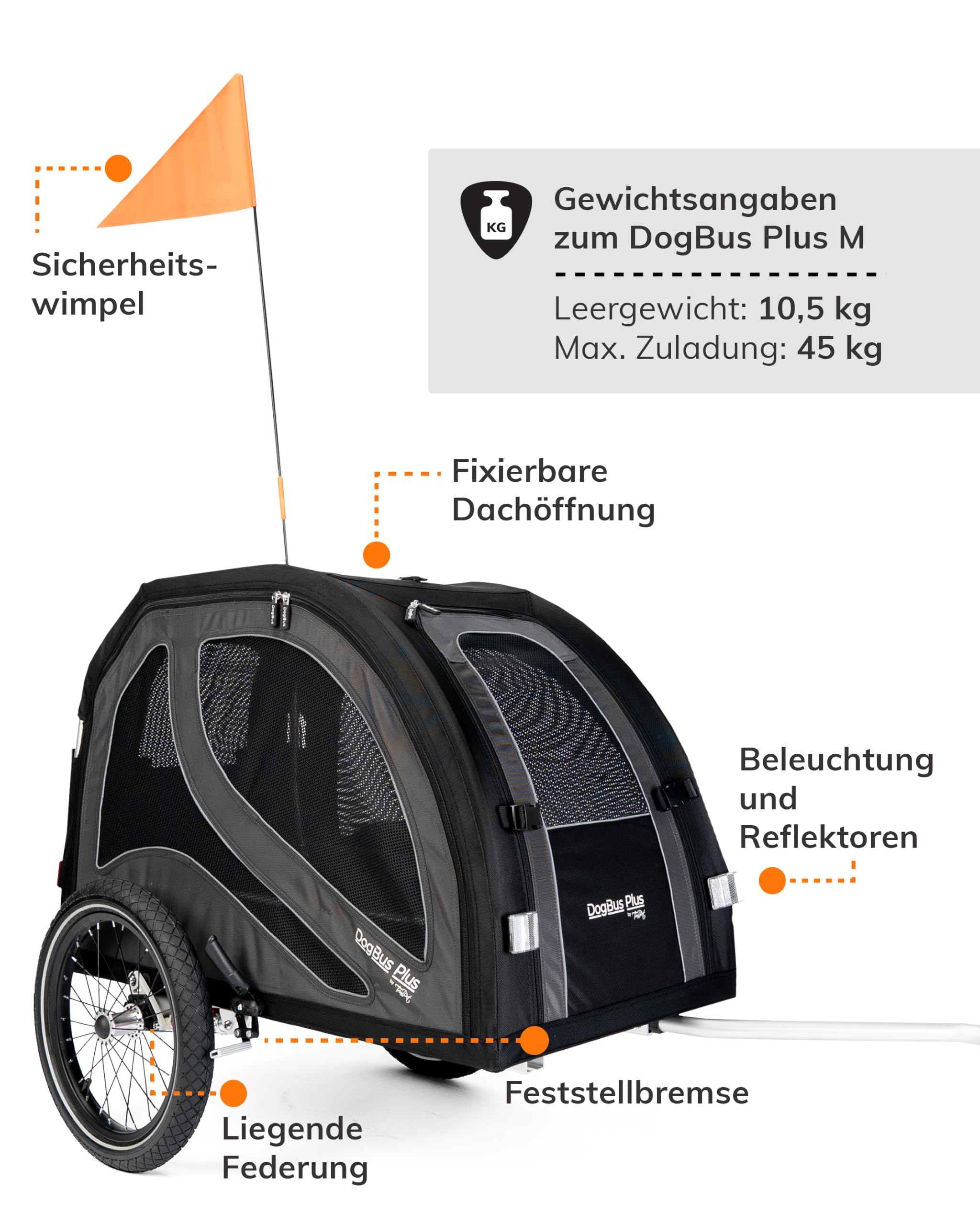 TrendPet DogBus Plus M - gefederter Aluminium Fahrradanhänger für Hunde, Hundeanhänger für mittlere bis große Hunde