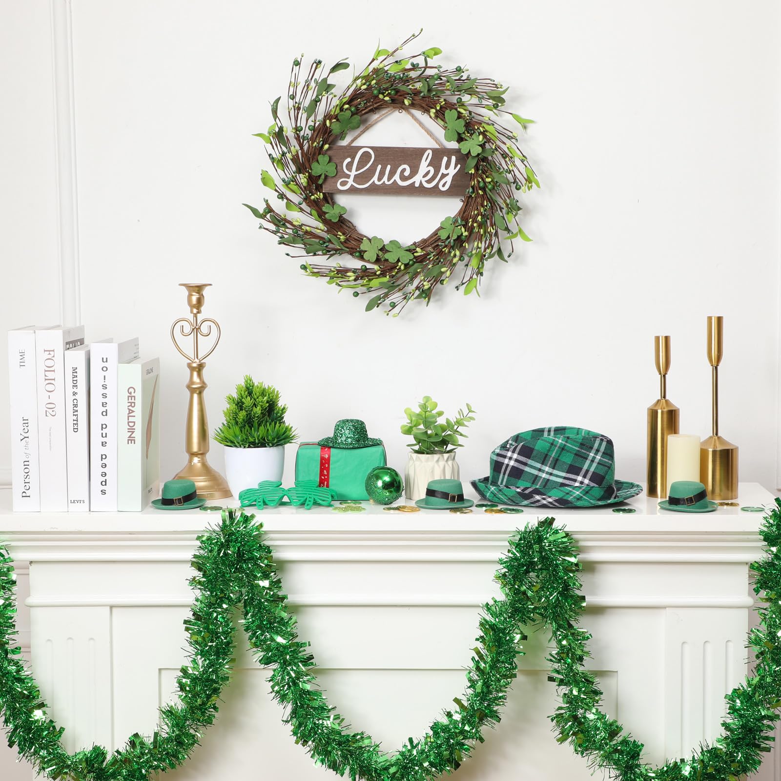 Hotop 17.7'' St Patrick's Day Wreath Wood Lucky Sign Artificial Shamrock Wreath Green Berry Clover Wreath for Front Door Home Outdoor Porch Decorations Irish Hanging Garland for Spring Holiday Party