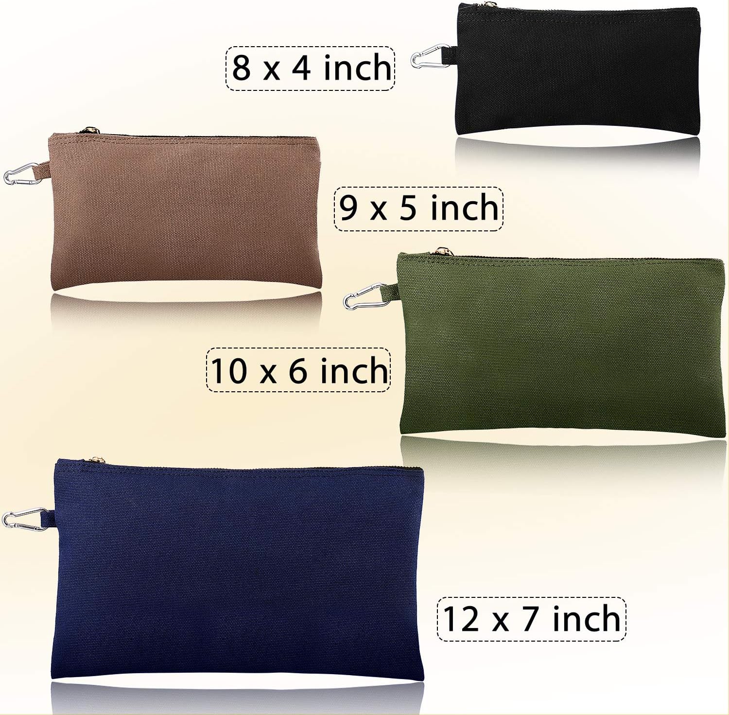 Frienda 4 Pack Utility Canvas Zipper Pouch 12/10/9/8 Inches Canvas Tool Bag Multipurpose Storage Organizer Heavy Duty Flat Bottom Tools Pouch Clip-on Tote Bag in Blue, Green, Khaki and Black