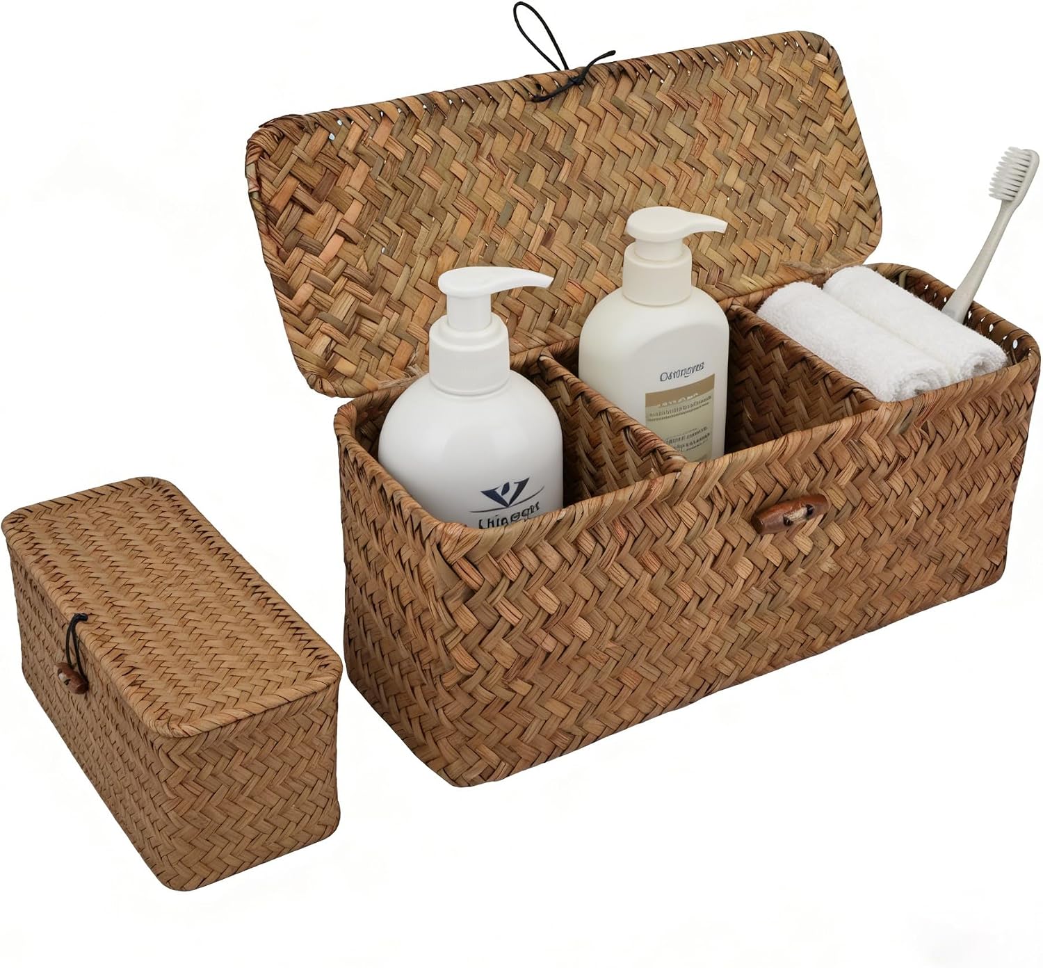 Enlarge Seagrass Storage Basket, 3-Section Wicker Storage Basket for Bathroom, Rectangular Small Woven Shelf Basket for Toiletries Tampon, 16x5.5x5.5"