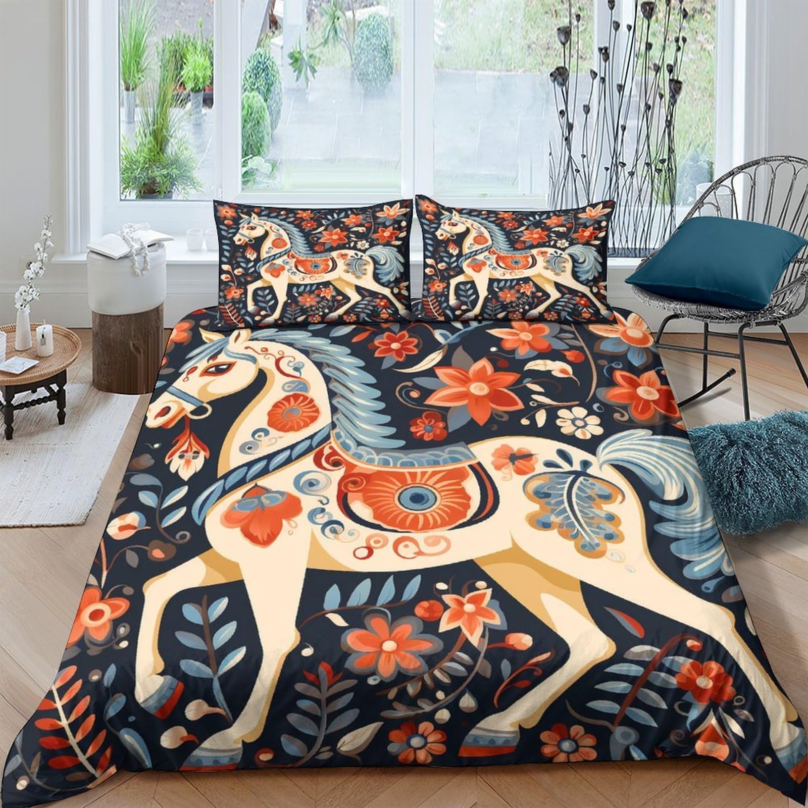 Ctjqhvkz Style-2 3D Printed Scandinavian Horse Fitted Sheet Microfiber Soft Floral Folk Art Mattress Cover Bedroom Decor Single（135X200cm）