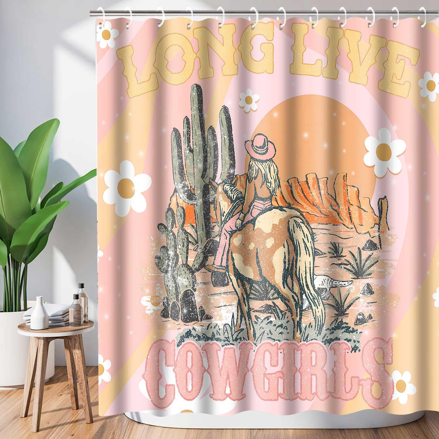 PAEOT Western Cowgirl Long Live Shower Curtain Country Sun Desert Cactus Botanical Bath Curtain 72x78 Inch Fabric Cool Cowgirl Riding Horse Trendy