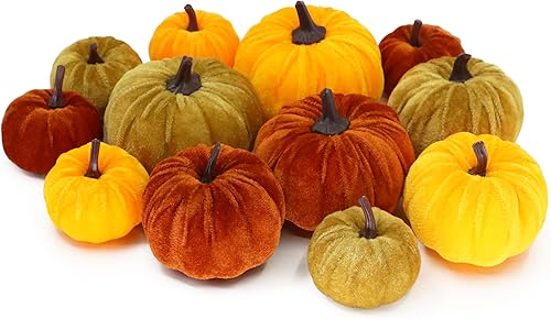 12 calabazas flocadas de imitación, perfectas para la cosecha de otoño, Halloween o centros de mesa de Acción de Gracias (12, naranja, amarillo y