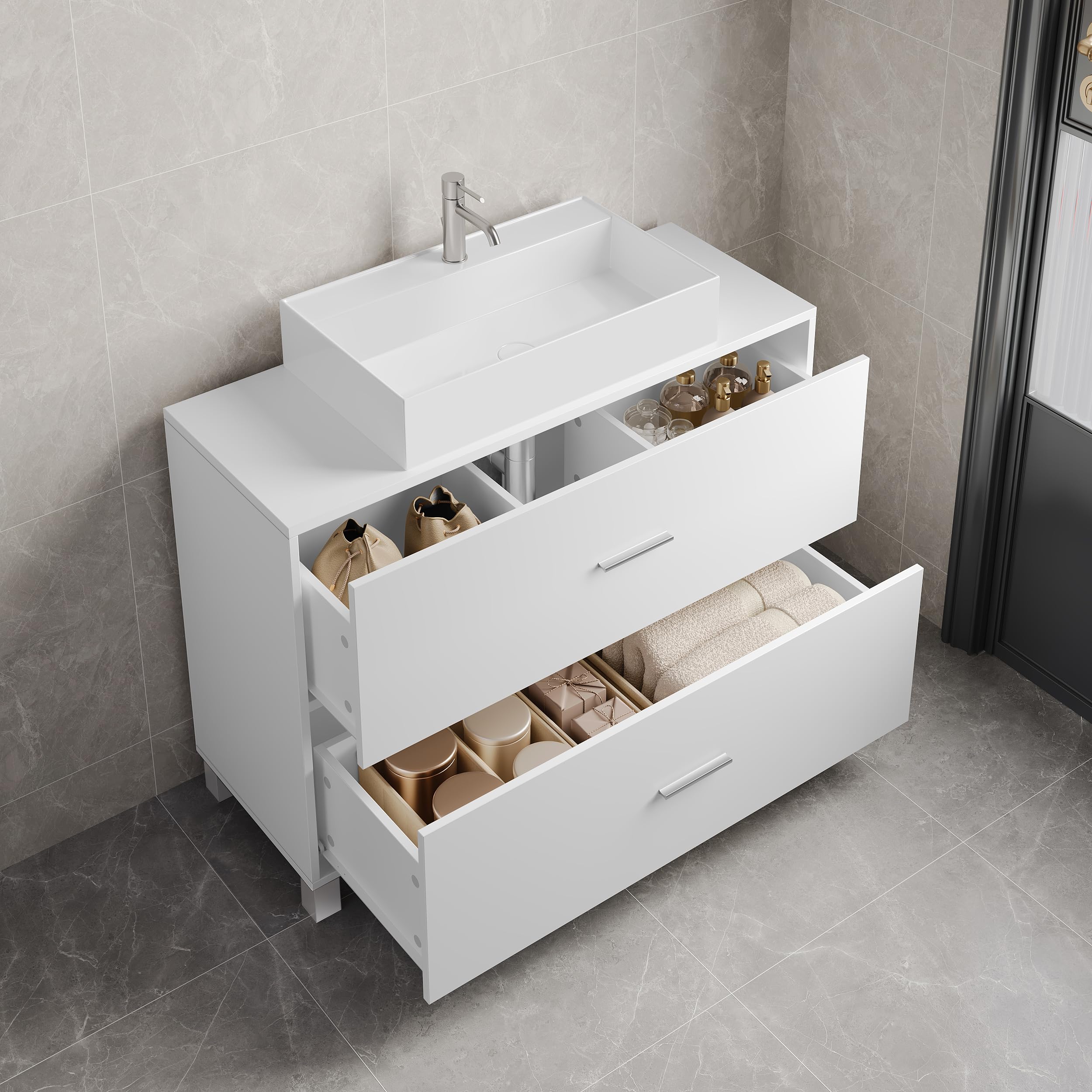 eSituro Waschbeckenunterschrank, Badezimmerschrank mit 2 Schubladen, Badezimmer Unterschrank Waschbecken, Waschtischunterschrank freistehend, Badunterschrank, 30 x 80 x 60 cm, Weiß
