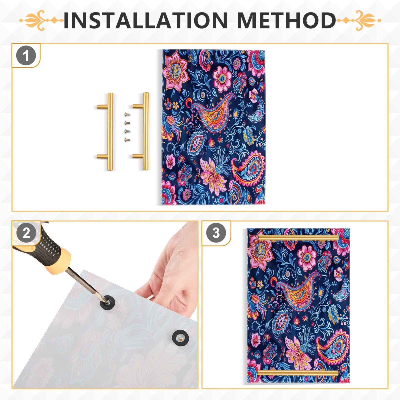 Wassud Bathroom Vanity Tray with Handles Blue Floral Pattern Acrylic Jewelry Perfume Organizer for Bathroom Kitchen Counter 11.81