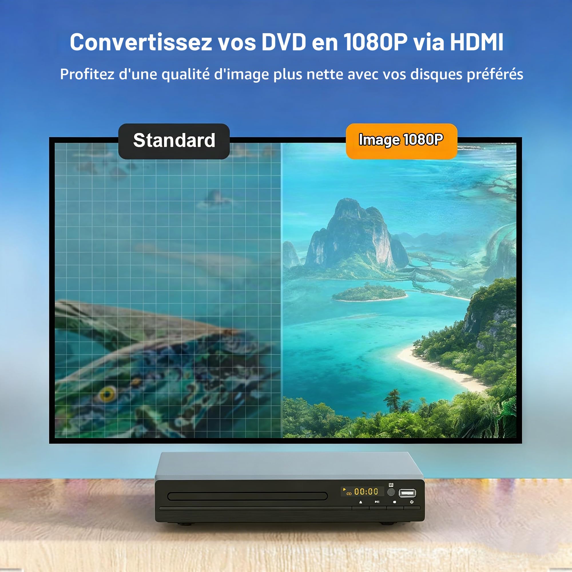 Lecteur DVD HDMI Sans Région pour Smart TV - Mise à l'Échelle 1080p, Entrée USB, Câble HDMI/RCA Inclus, Mémoire de Point d'Arrêt, PAL/NTSC Intégré, Lecteur CD pour la Maison