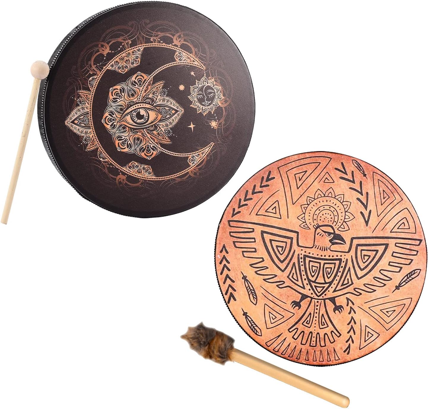 JYCRA 2Pack Shaman Drum,Mother Of Life Siberian Drum Spiritual Music,Bird Pattern Handmade Shaman Drum,Hand Drum Sound Healer Shaman Drum