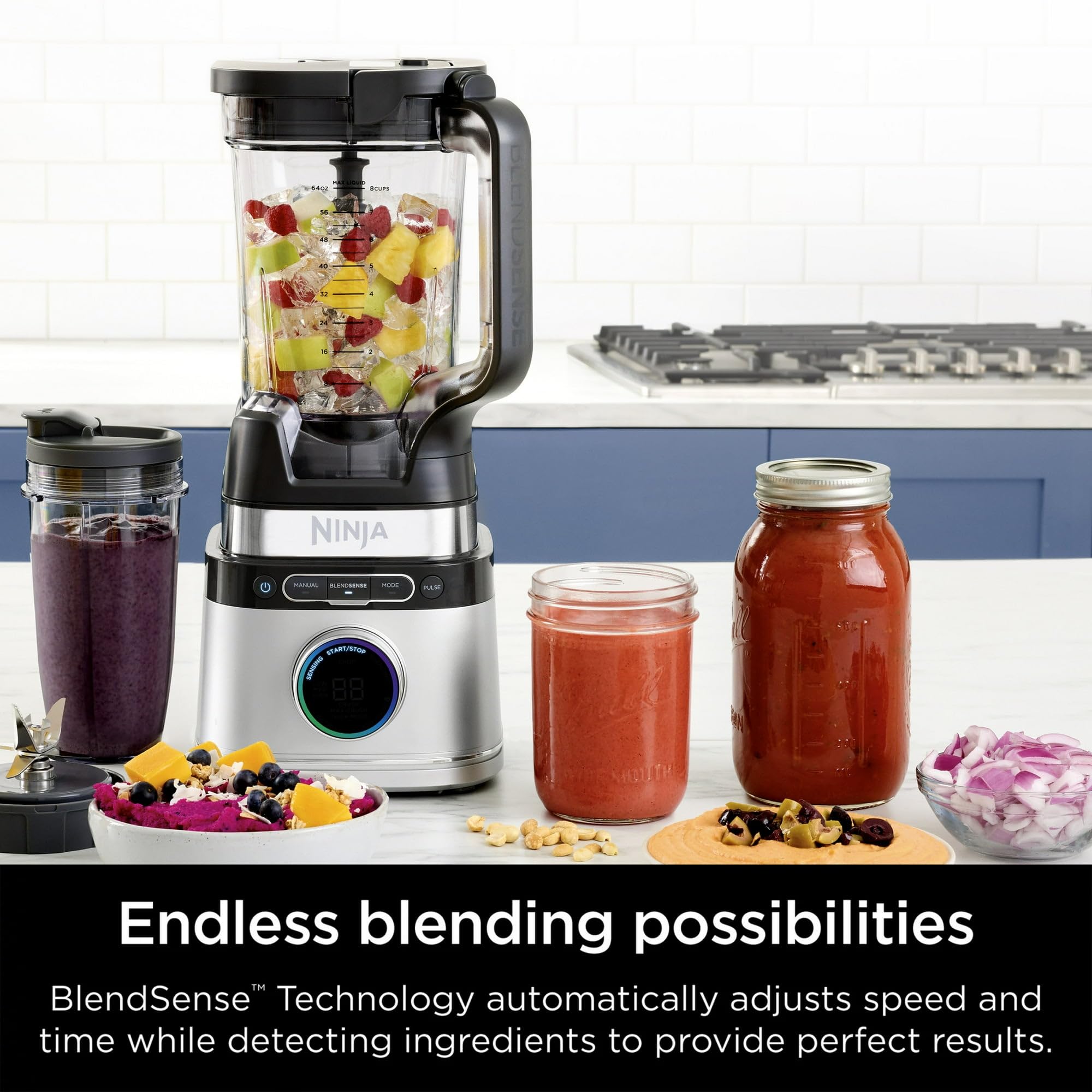 Detect Power Blender + Personal Single-Serve, BlendSense Technology, Kitchen Countertop, Silver - Blend And Enjoy Your Favorite Drinks In The Single-serve Cup With Spout Lid