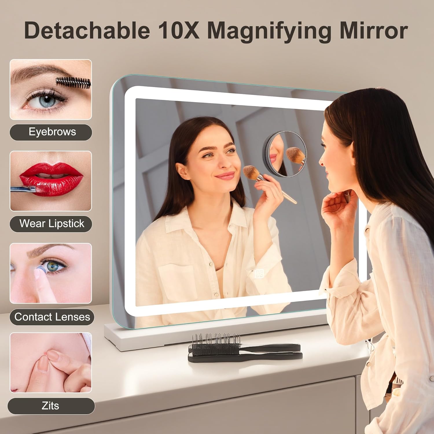 STARLEAD 22.8" x 18.2" Makeup Mirror with Lights and 10X Magnification, 3-Color Dimmable LED Lighting & Touch Control, USB Charging Port for Travel/Dressing Room