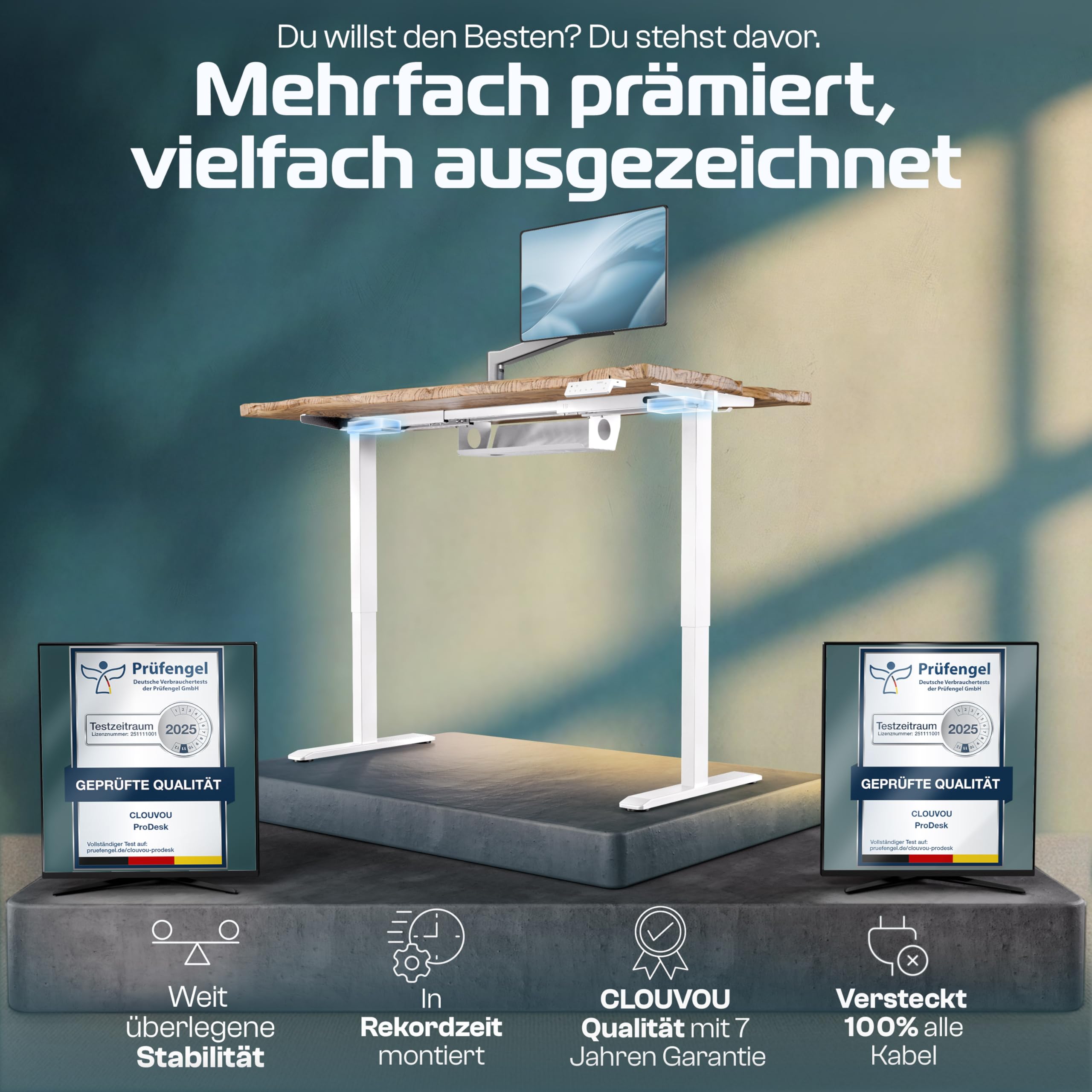 CLOUVOU ProDesk Schreibtischgestell höhenverstellbar elektrisch [TESTSIEGER] Dual-Motor Höhenverstellbarer Schreibtisch Gestell (120kg Tragkraft) mit Memory-Funktion, 2xUSB und Kabelversteck