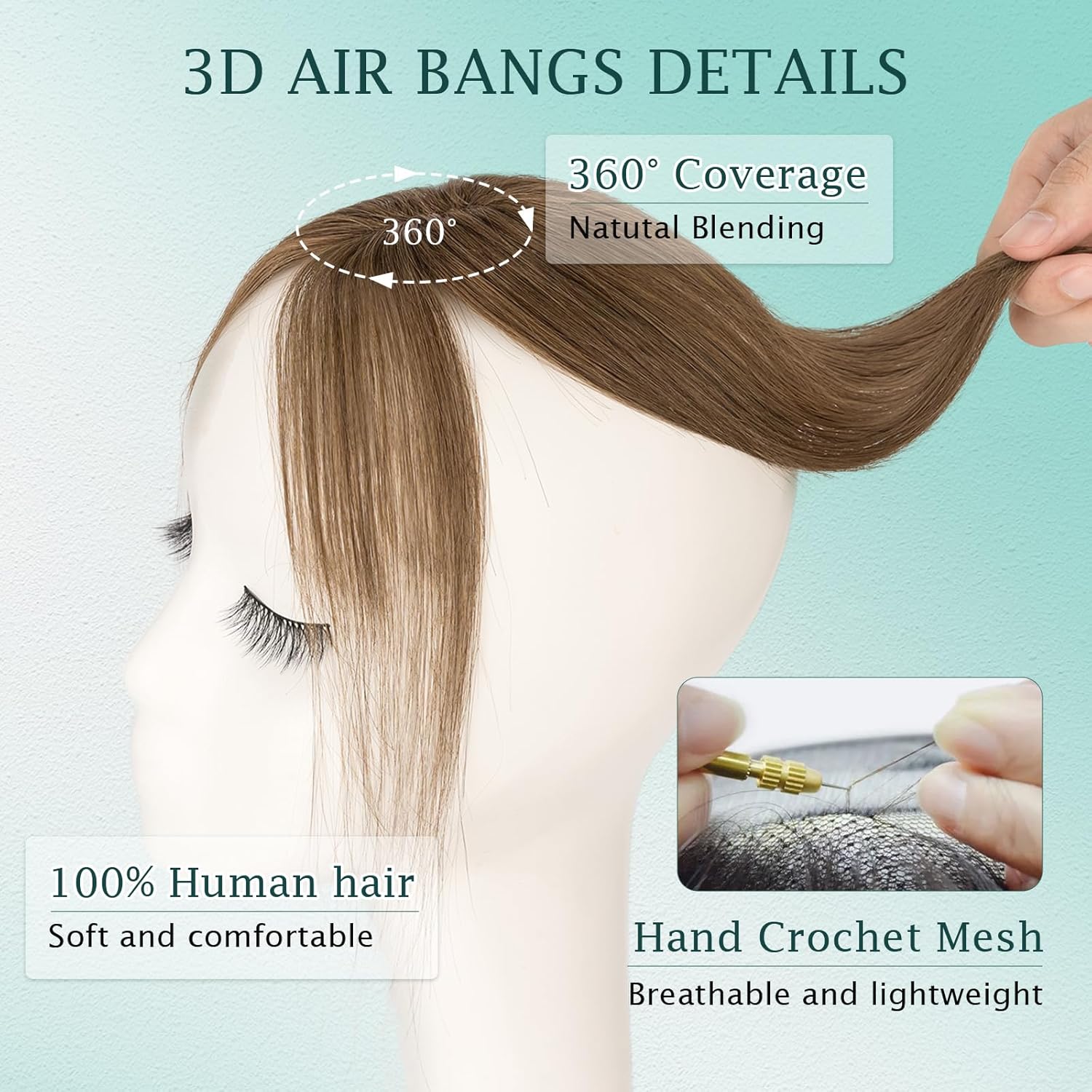 Benehair Clip on Bangs Real Human Hair with 360° Full Coverage, 3D Air Bangs for Daily Wear, Natural Seamless Fit for Women Medium Brown