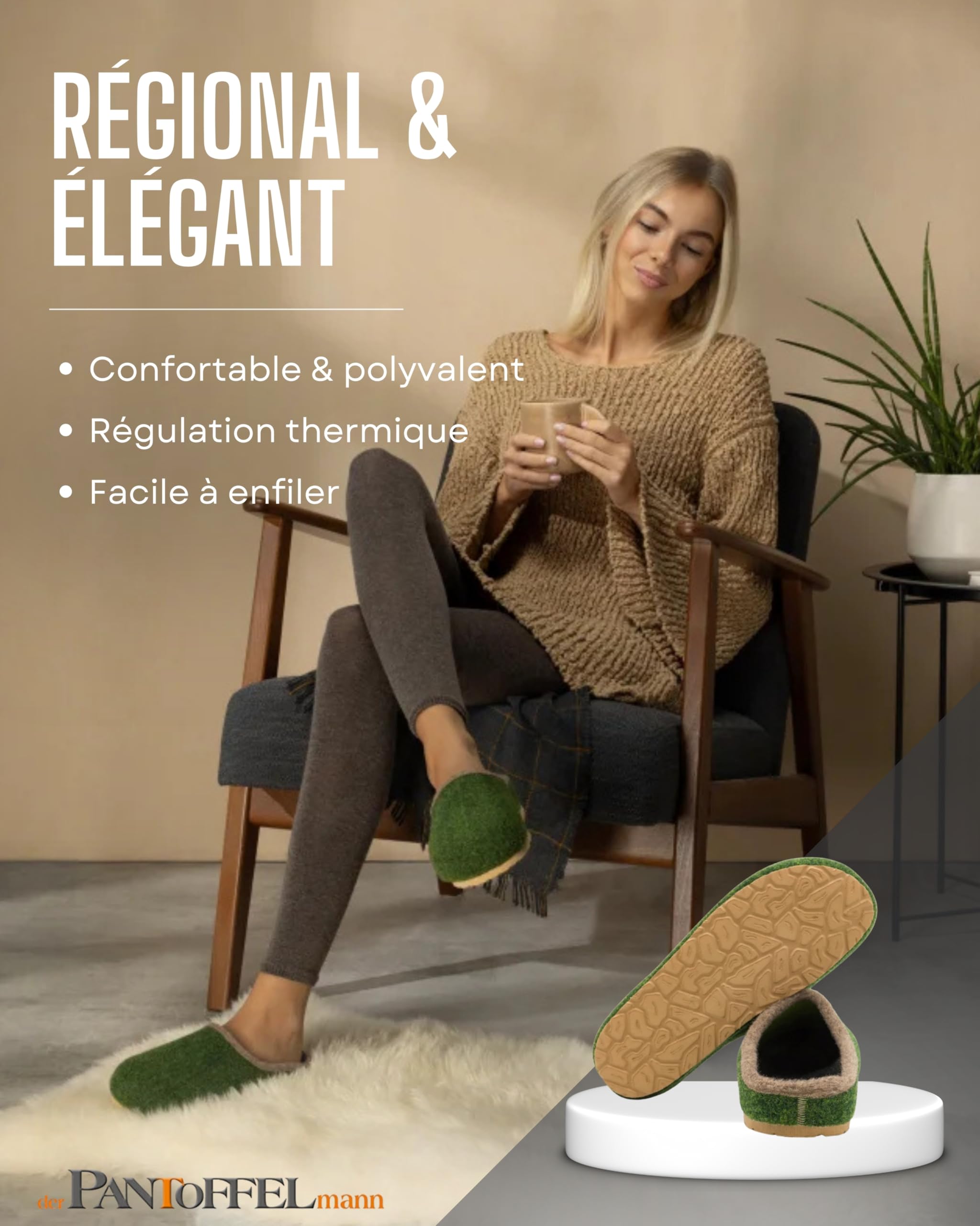 Pantoffelmann sabots en feutre 70 % laine | Tailles 37–47 | Chaussons respirants à semelle antidérapante | Mules chaudes faites main | Pour femmes & hommes