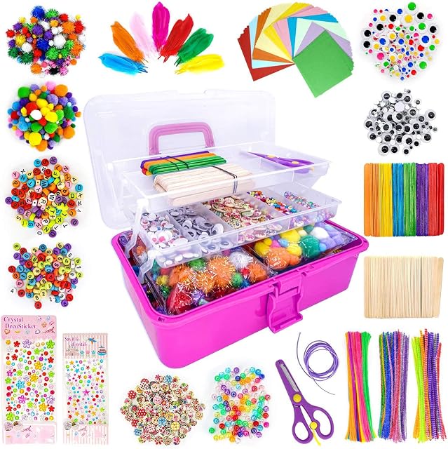 obqo 1405 Pcs Art and Craft Supplies for Kids, Toddler DIY Craft Art Supply Set Included Pipe Cleaners, Pom Poms, Feather, Folding Storage Box - All in One for Craft DIY Art Supplies, Rose Red