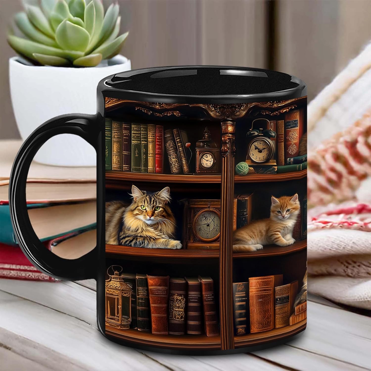 Book Lovers Gift - Bookshelf Gifts - Cat Book Mug - Bookish, Bookworm Gifts - Bookshelf Mug - Book Mug For Women, Reader, Librarian, Write - Birthday Gift Idea For Cat Lover, Owner Cat - Image 3