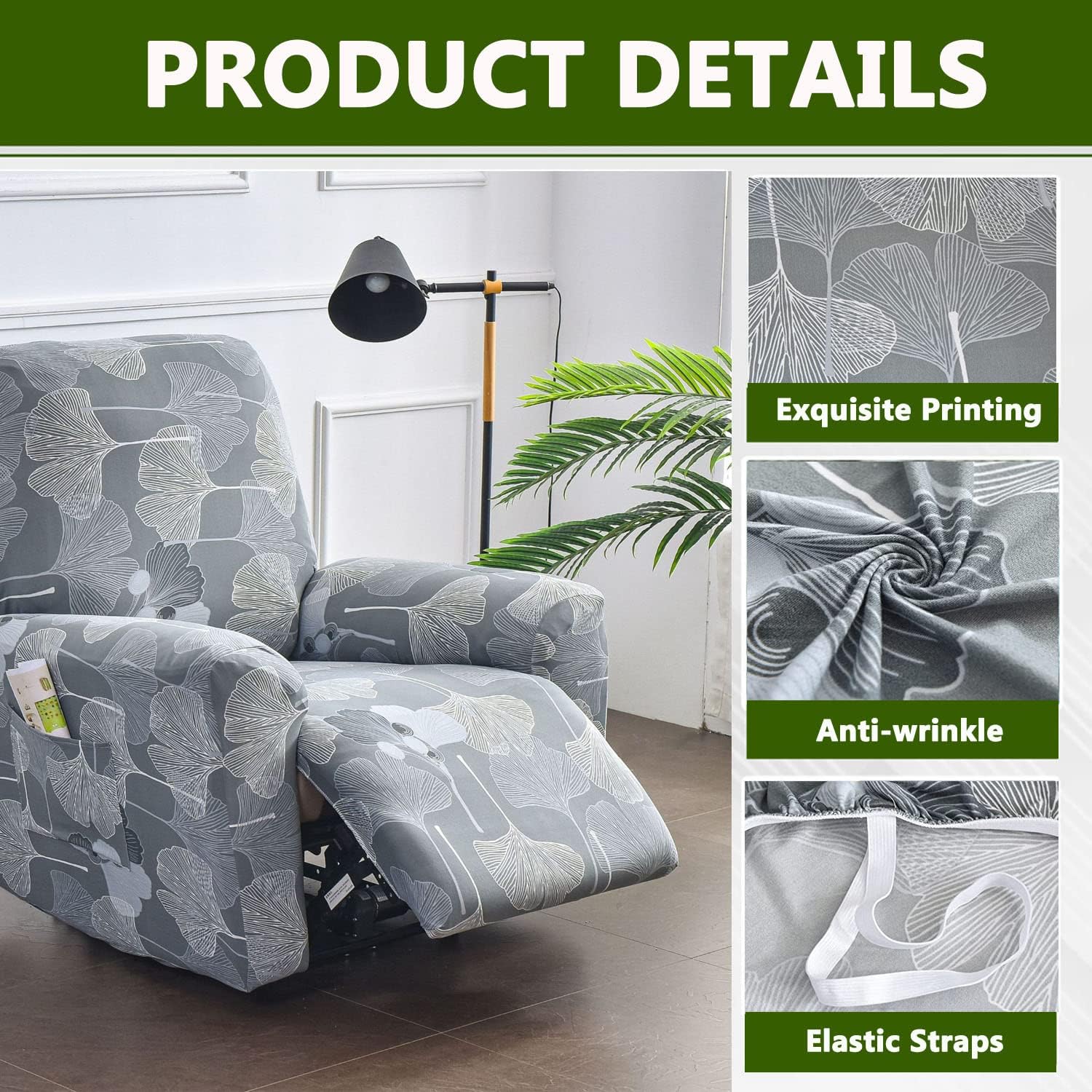 YOPOIY 1 Seat Recliner Covers, 4 Pieces Printed Patterned Lazy Boy Chair Cover for Recliner with Elastic Bottom Non Slip Couch Slipcover for Living Room-F-One Size