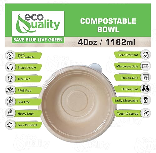 Miniatura 2 de Paquete de 50 Cuencos redondos de papel compostables desechables de 40 onzas con tapas, resistentes, bagazo natural ecológico sin blanquear,