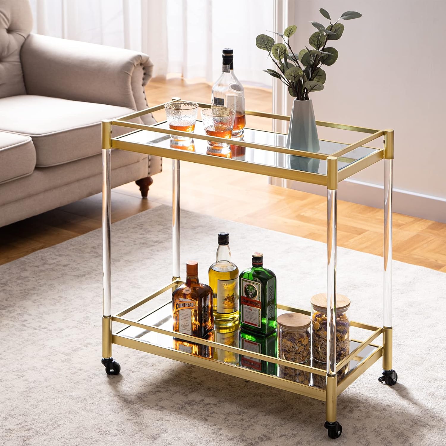SICOTAS Bar Cart Gold, Home Bar Serving Cart Dining Cart