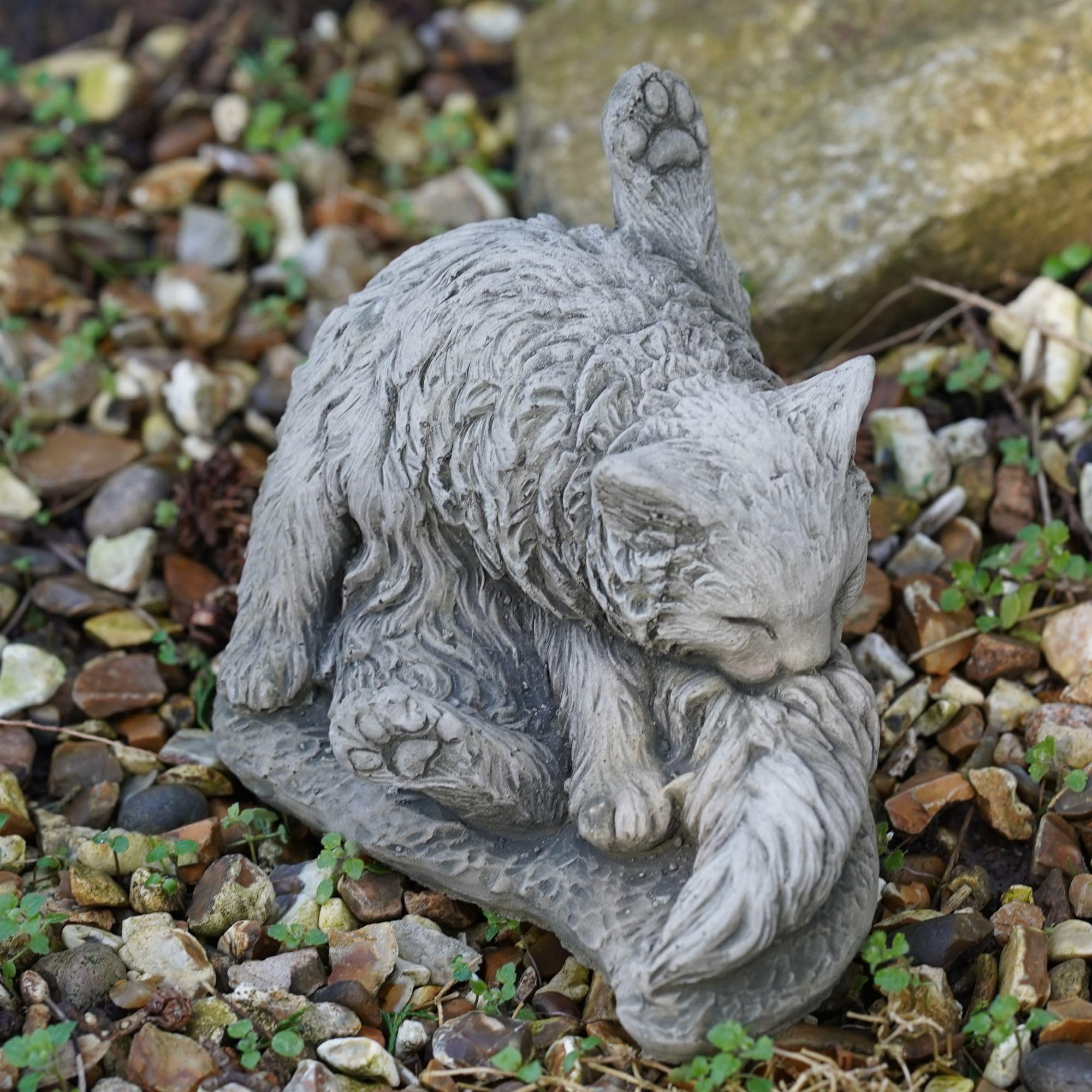 Washing Cat Stone Statue | Kitten Animal Concrete Outdoor Garden Ornament Decor