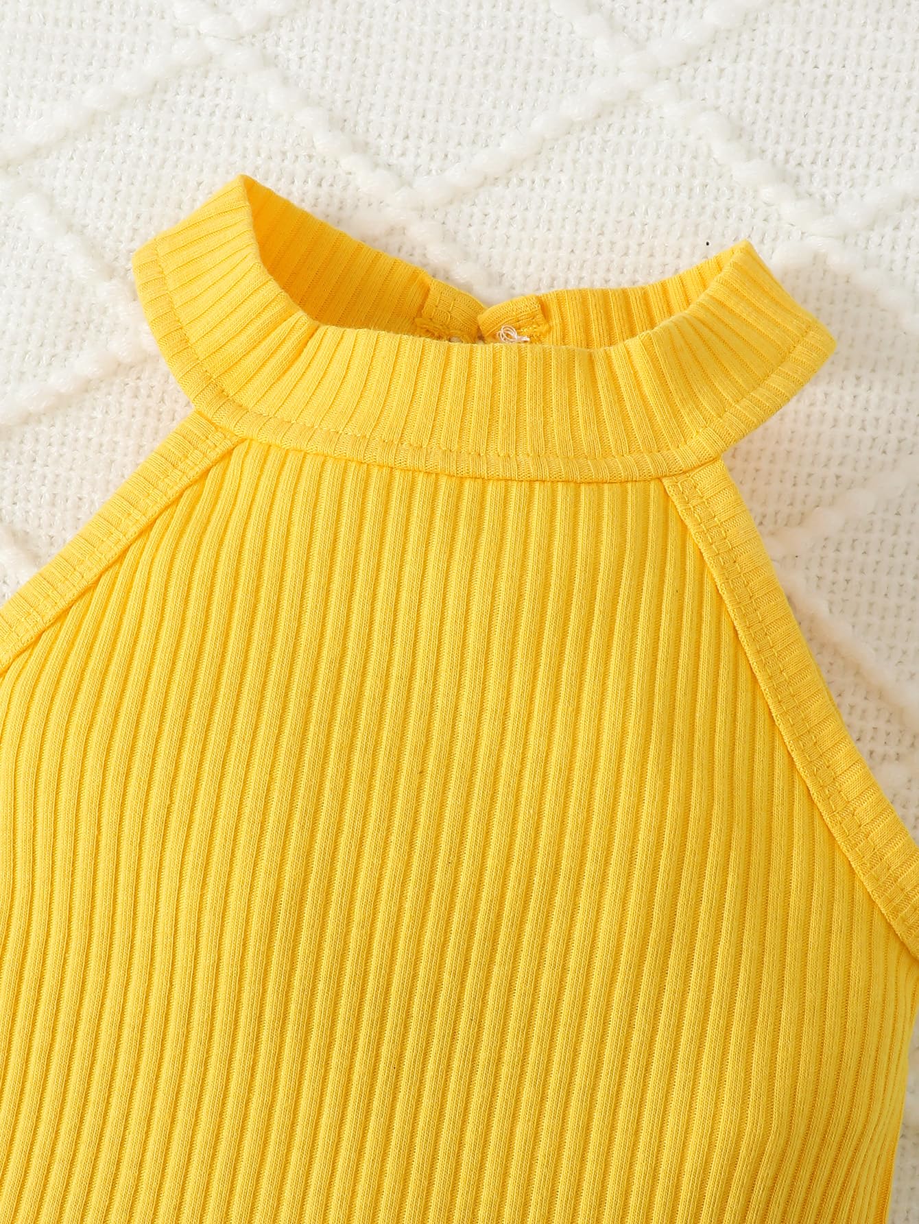 Conjunto de 3 piezas para bebé niña con parte superior acanalada amarilla y volantes con estampado de girasoles y diadema, conjunto de 3 piezas para recién nacidos — view 4