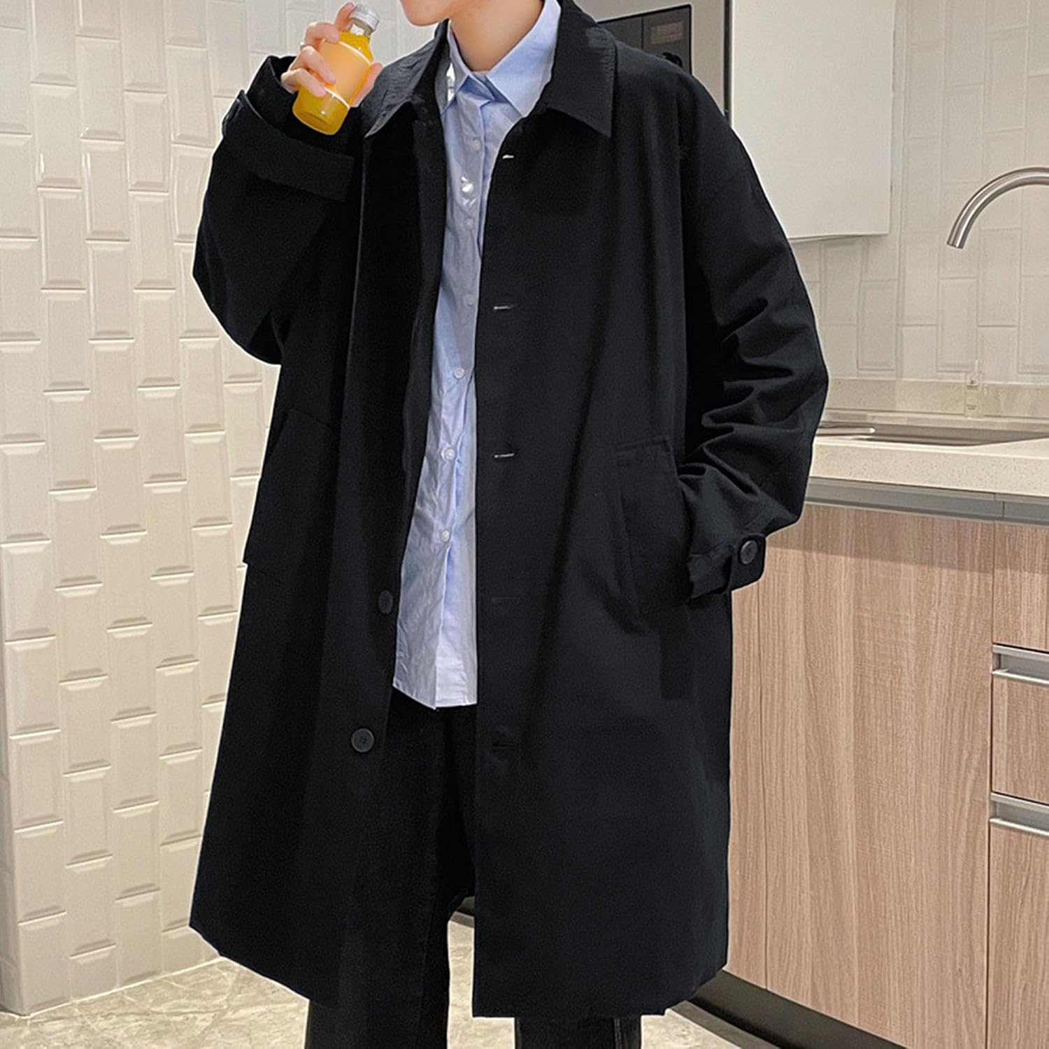 Maiyifu-GJ Windbreaker Trench Coat for Men Lightweight Spring Fall Lapel Long Jacket Casual Windproof Overcoat Coat
