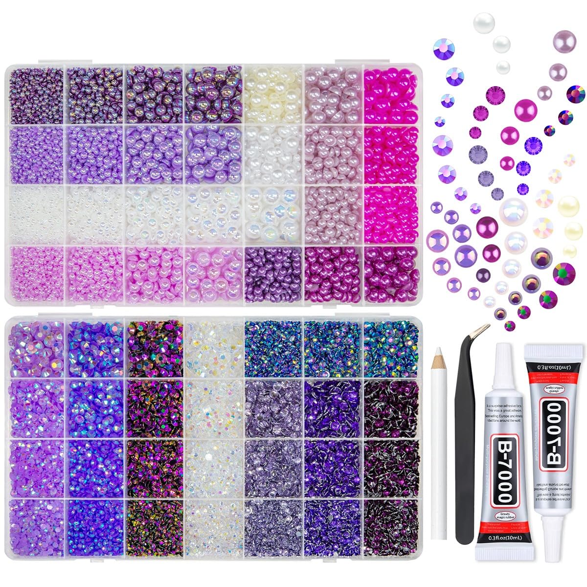 qiiipi 2 Big Boxes Purple Resin Pearls and Rhinestones w B7000 Glue for Bedazzling Crafting Flatback Stones Gems Diamonds Half Pearls Bedazzler Kit