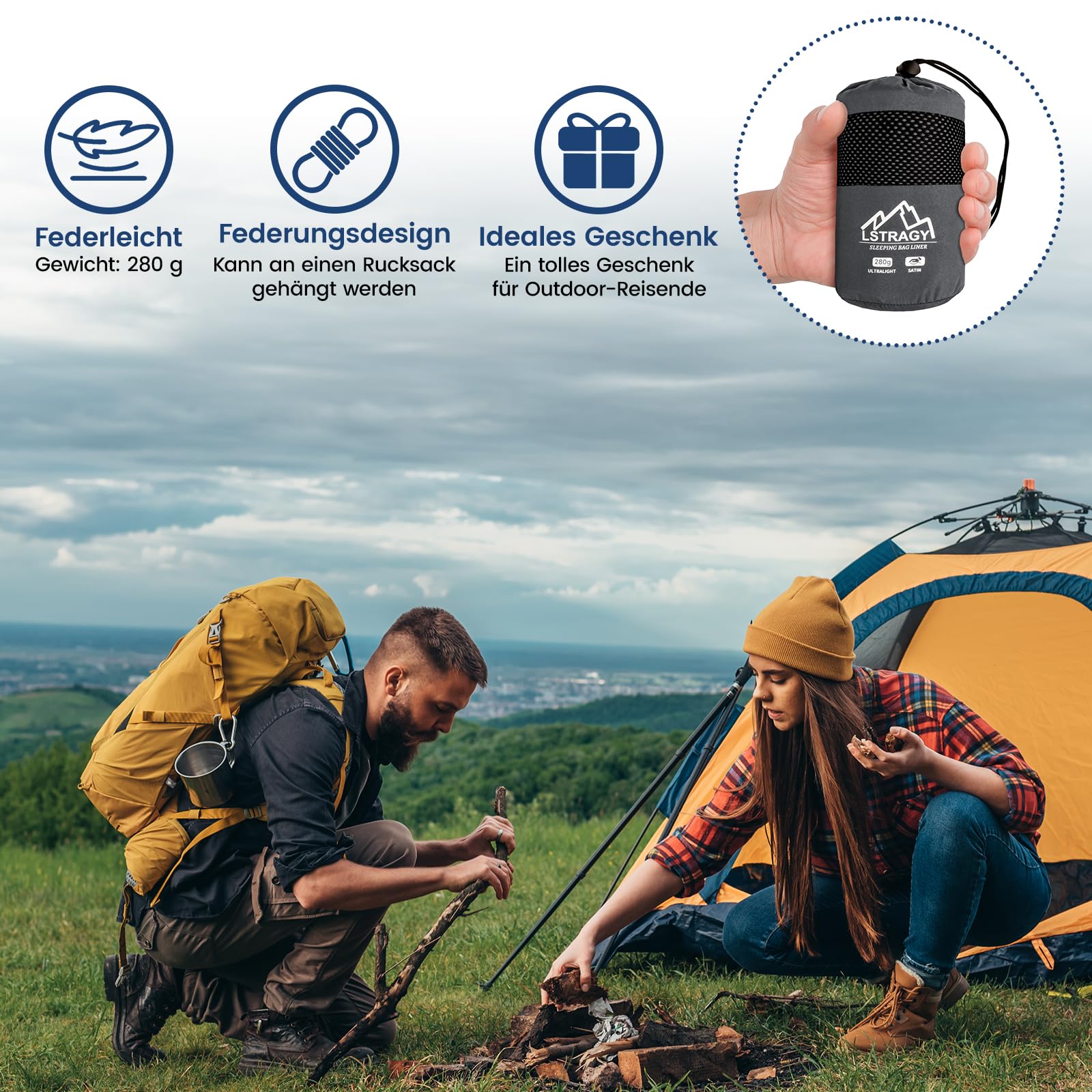 Hüttenschlafsack Ultraleicht aus Satin,Dünner Schlafsack Inlett mit Zwei-Wege-Reißverschluss,Reise-Schlafsack Ideal für Hostel und Backpacking Must Haves,Wandern Zubehör