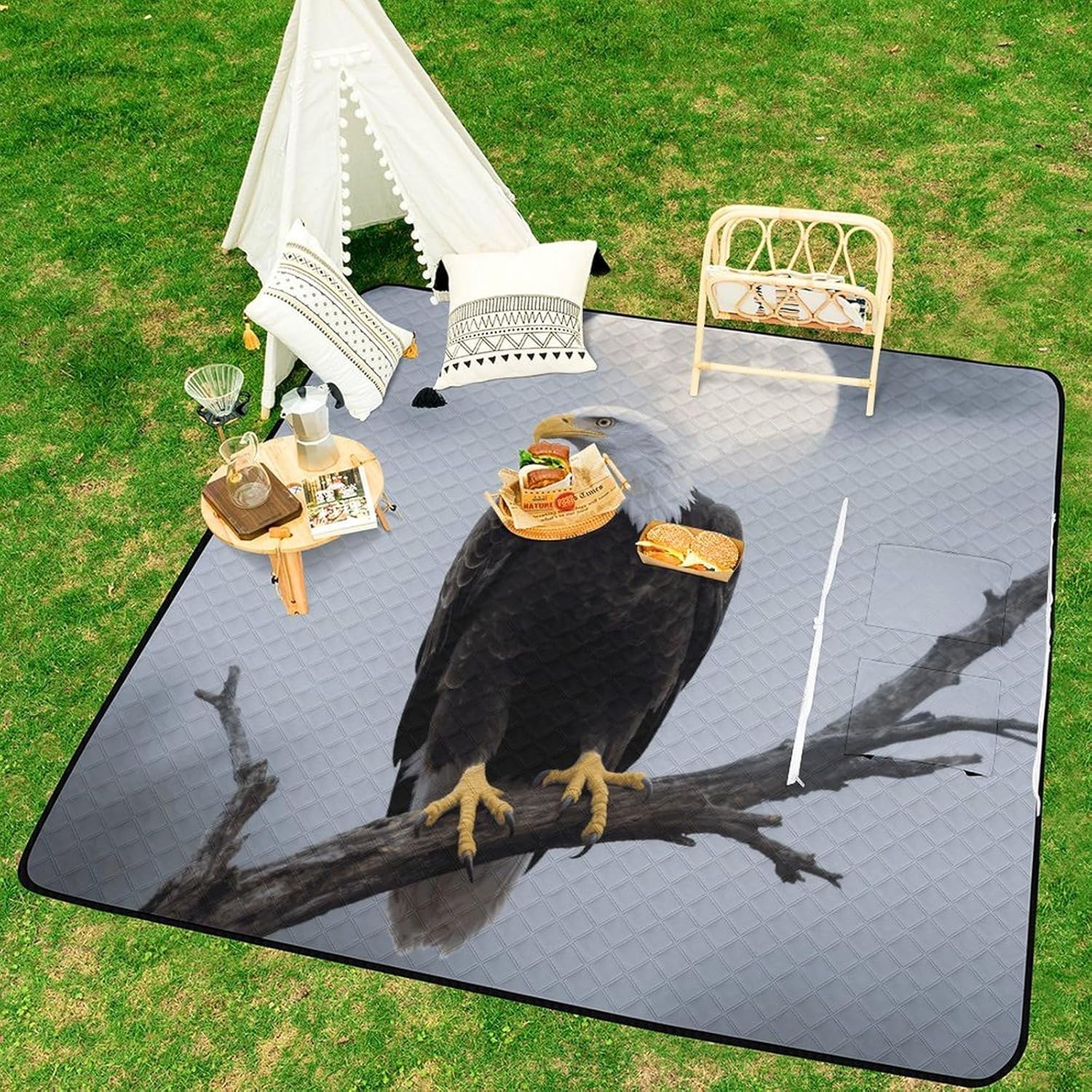 Eagle Full Moon Picnic Blanket 200x200cm, Foldable 2-in-1 Picnic Mat and Tote Bag Portable Waterproof Beach Mat Sandproof Outdoor Blanket for Park, Hiking, Beach, Camping, Travel