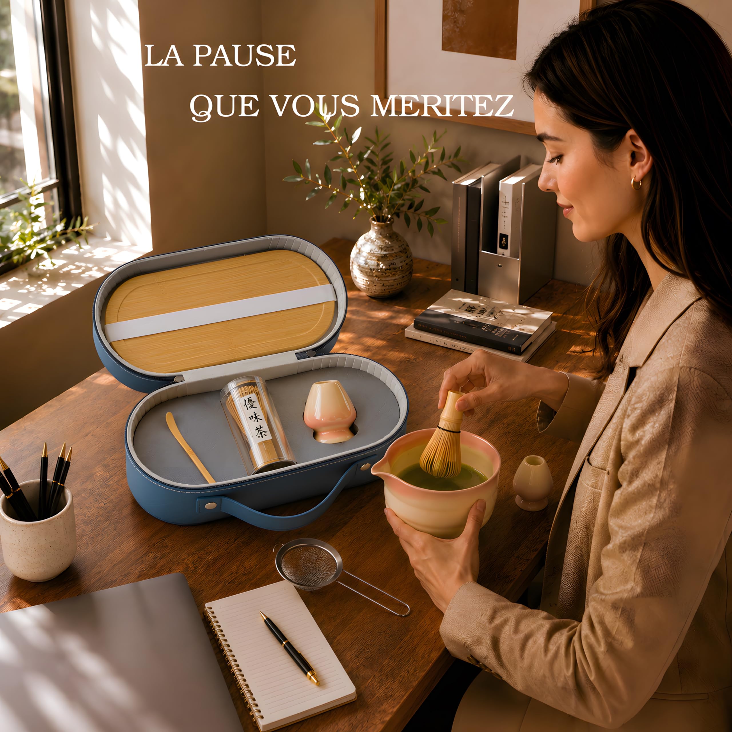 YŪMICHA KIT Matcha Japonais 7 Pièces - Coffret Cérémonie avec Mallette de Transport & Plateau en Bois - Thé Matcha – Fouet (Chasen) Bol en Céramique (Chawan), Set Matcha – Idée Cadeau Premium