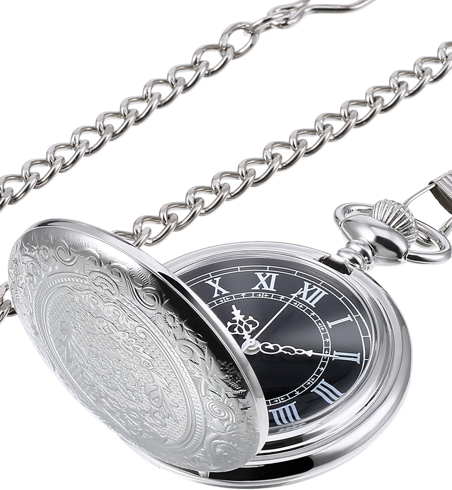 Men's Quartz Pocket Watch with Black Dial and Chain
