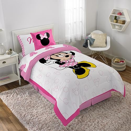 Disney Minnie Mouse XOXO 5 Piece Twin Bed Set - Includes Reversible Comforter & Sheet Set - Super Soft Fade Resistant Polyester (Official Disney Product)