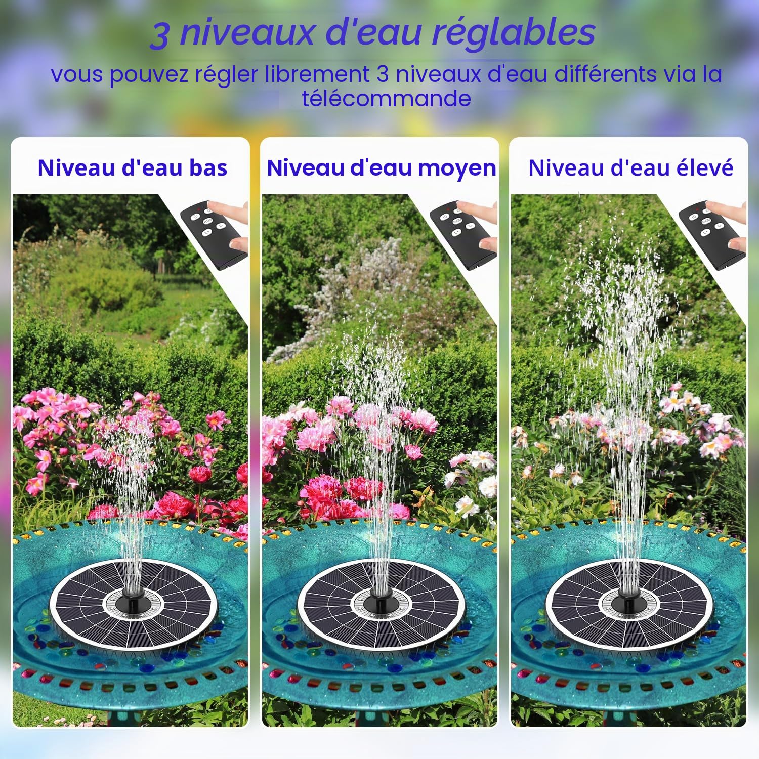 SZMP Fontaine Solaire avec Télécommande, Fontaine Solaire Verre avec 4000mAh Batterie, 7 Buses & 4 Tiges Fixes de Jardin Solaire Pompe pour Bain d'oiseaux, Jardin