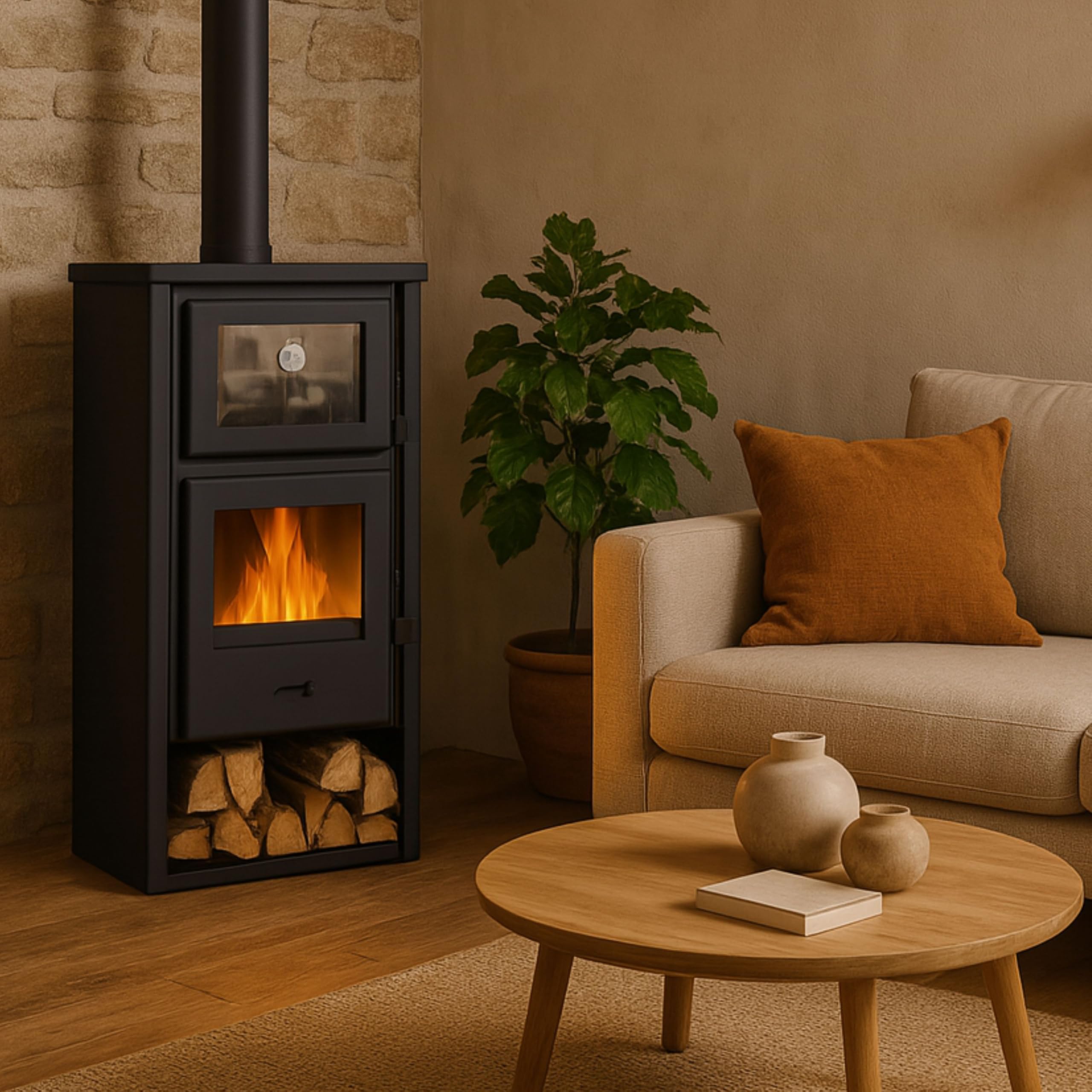 EIDER BIOMASA Estufa de Leña LUX HORNO – 12,44 kW – Con Horno – Rendimiento 78% – Hasta 240 m³ – Doble Combustión – Certificada CE