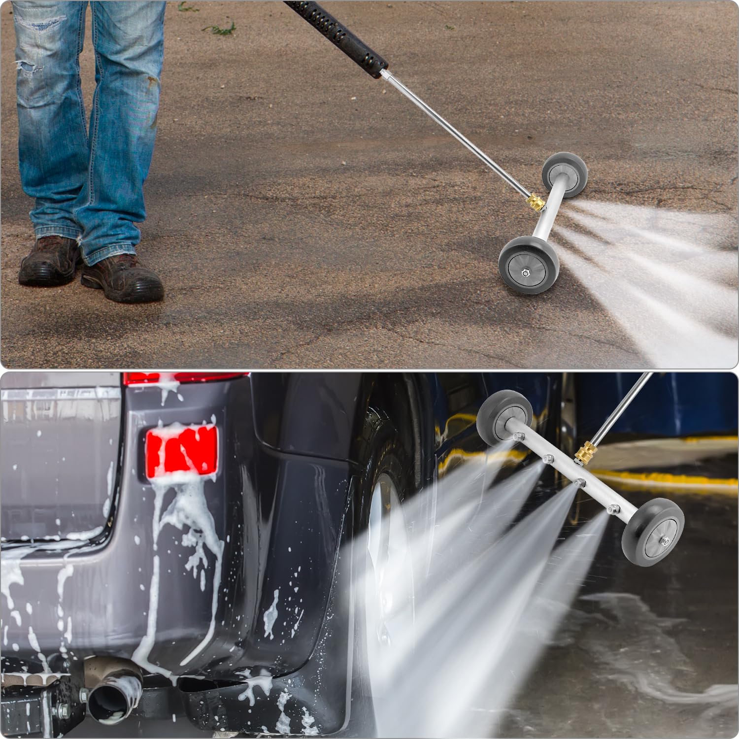 QWORK® Limpiador de Alta Presión para Bajos de Coche, Escoba de Agua con 2 Varillas de Extensión, 4000 PSI