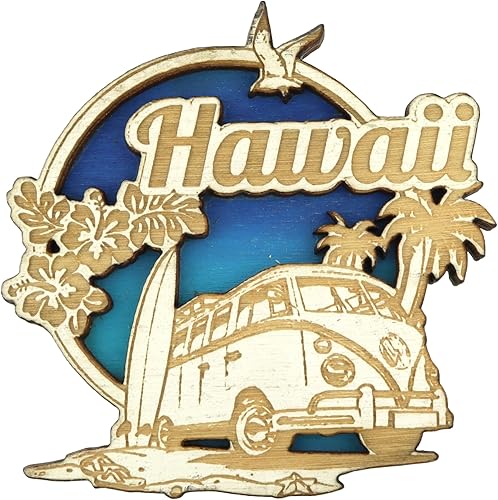 Miniatura 1 de Imán de madera para nevera de Hawaii, detalles de corte láser para furgonetas y palmeras, accesorio magnético de recuerdo de vacaciones, 2.5 pulgadas